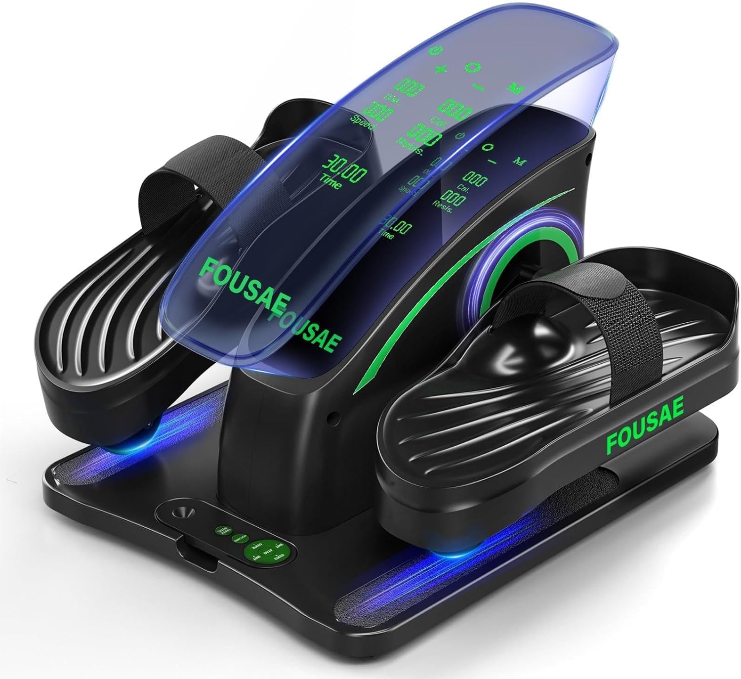 FOUSAE Under Desk Elliptical with transparent display and foot pedals.