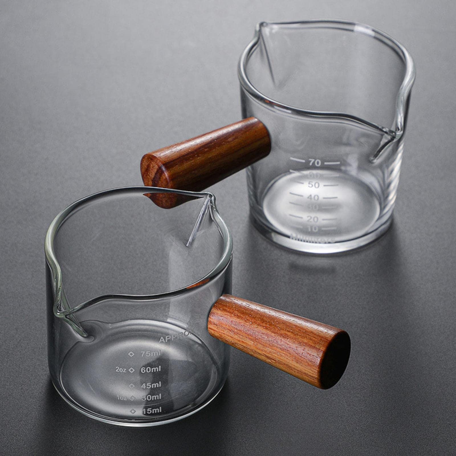 Lot de 5 tasses à mesurer transparentes à double bec avec poignée en bois pour barista Milk Bar B Style B