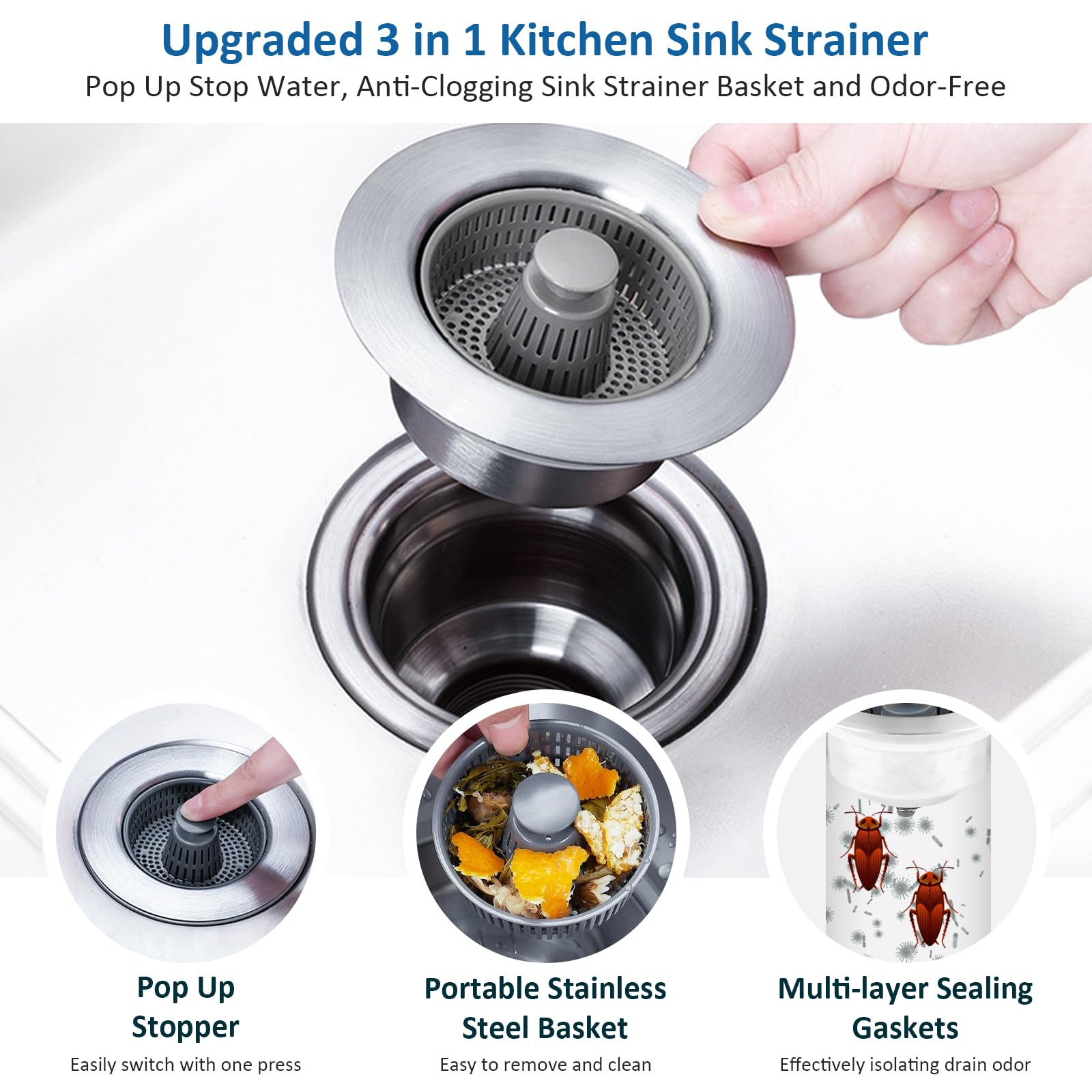 3-in-1 Abflusssieb Für Küchenspüle - Edelstahl-Korbfilter Mit Pop-Up-Stopfen (für 8,9 Cm Abfluss)