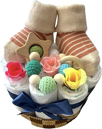 Amazon Co Jp おむつケーキ 安い 出産祝い ナチュラル 男の子 可愛い ラトル ベビーソックス オムツケーキ プチプライス Mサイズ ベビー マタニティ