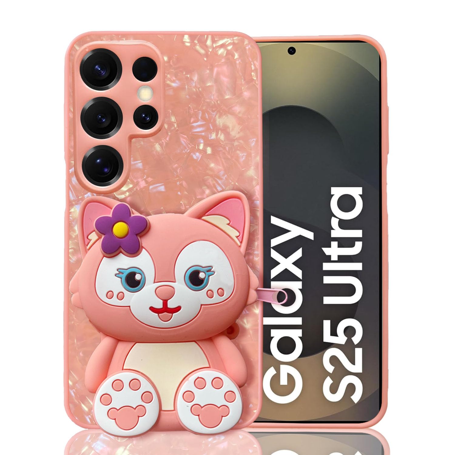 KC Back Cover for Samsung Galaxy S25 Ultra 5G - Crystals Dream Shell 3D Cartoon Baby Fox Pouch with Zipper Wallet Purse Shockproof Soft Silicone Camera Protection Case (Pink)