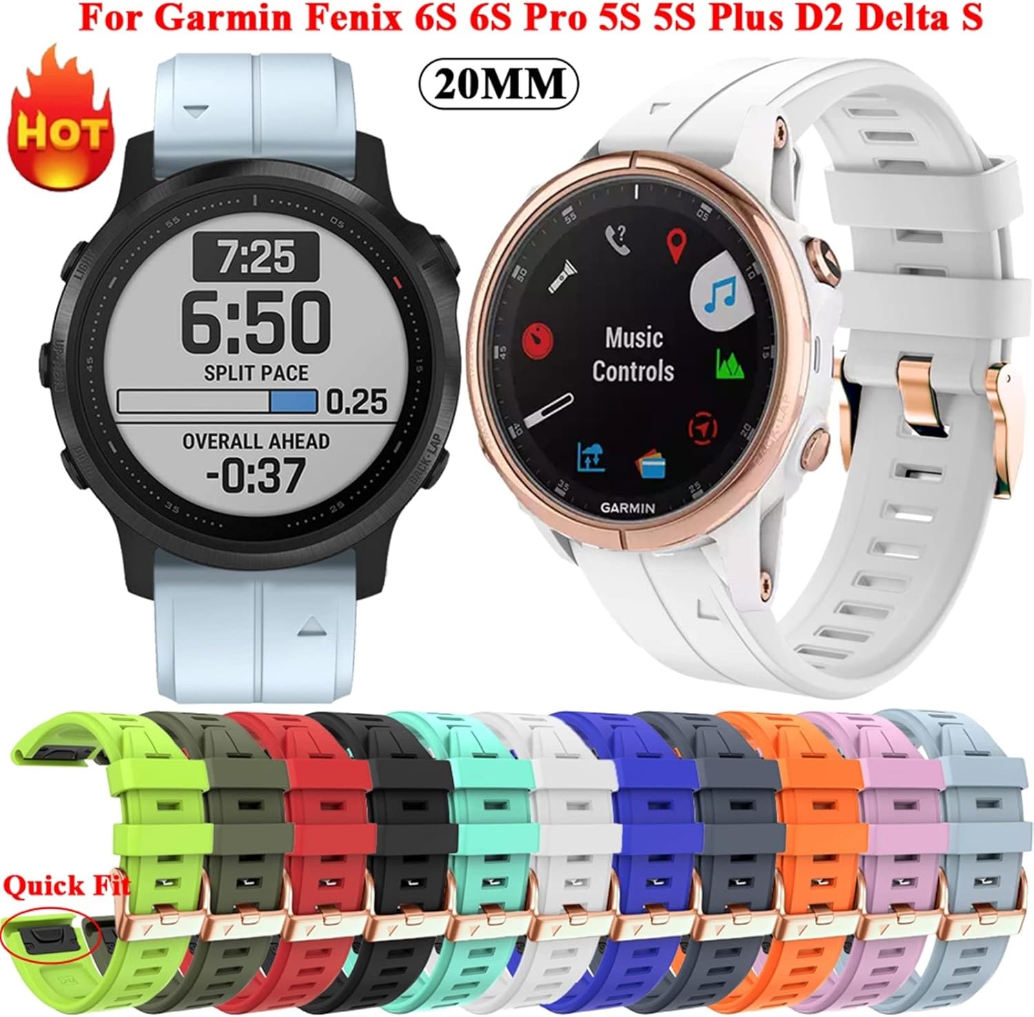 SKM Smart Watch Band Strap for Garmin Fenix 7S/5S/5S Plus/6S/6S Pro Quick Release EasyFit D2 Delta S Silicone 20mm Bracelet (Color : White, Size : for Fenix 5S 5S Plus)