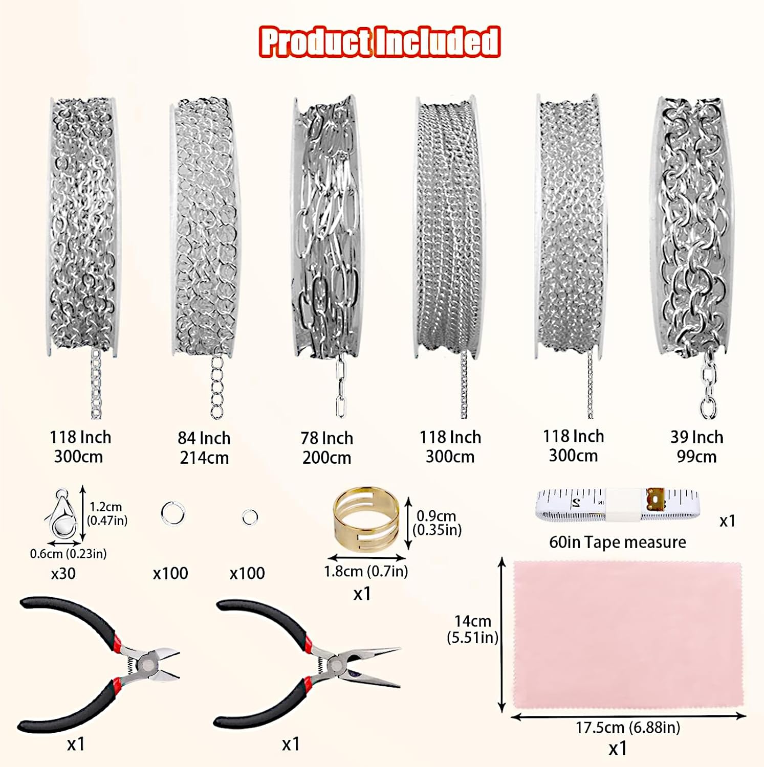 Fesorsi Silver Necklace Chain for Jewelry Making, 46ft 6 Style Rolled Steel DIY Jewelry Chain Roll Bracelet Bulk Link Plated Permanent for Earring Anklet Craft with Jump Ring, Lobster Clasp, Pliers - Image 2