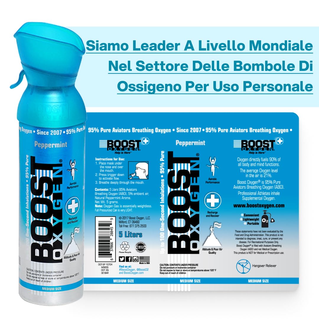 Boost Oxygen - Bombola di Ossigeno Portatile - Bomboletta di Ossigeno Puro e Naturale al 95% - Concentrazione, Recupero, Energia, Umore, Medio - 15Lt,3x5Lt (3x Pacchi - 300 Inalazioni)- Menta Piperita | Bomboletta di Ossigeno Puro al 95% Portatile per Rec