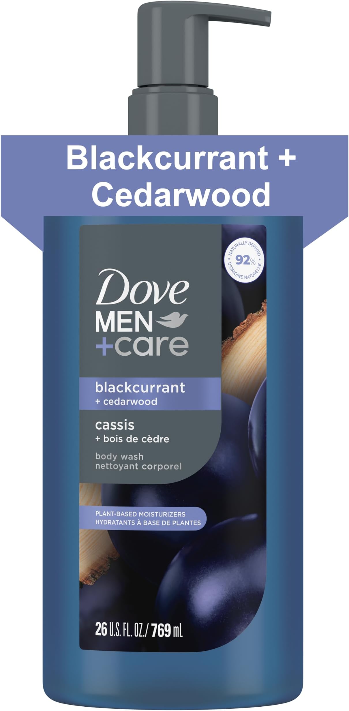 DOVE MEN + CARE Blackcurrant + Cedarwood Plant-Based Moisturizing Body Wash for Men, 26oz
