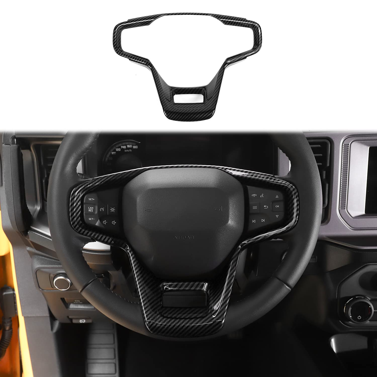 Photo 1 of HTHE for Ford Bronco 2021 2022 + Interior Steering Wheel Panel Cover for Ford Bronco 2021 2022+ (ABS,1PC,Carbon Fiber Black)