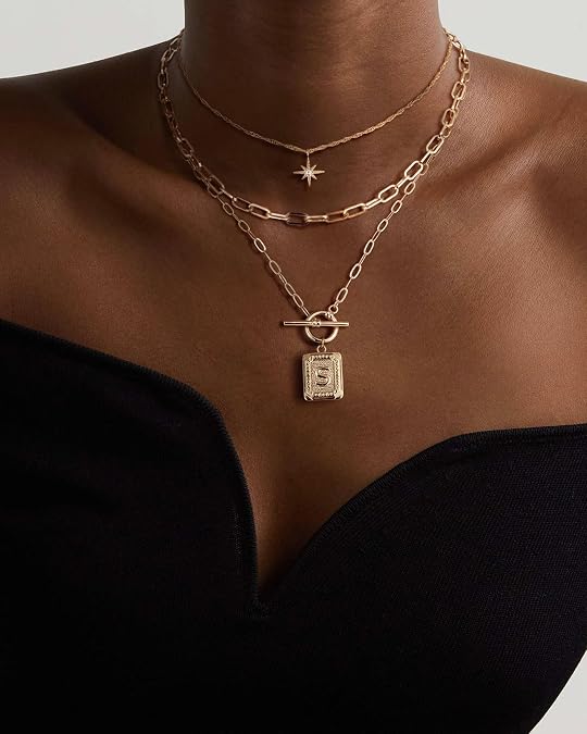 MJartoria Layered Initial Necklaces for Women | 14K Gold Plated Brass, Star Choker, Square Letter Pendant, Paperclip Chain