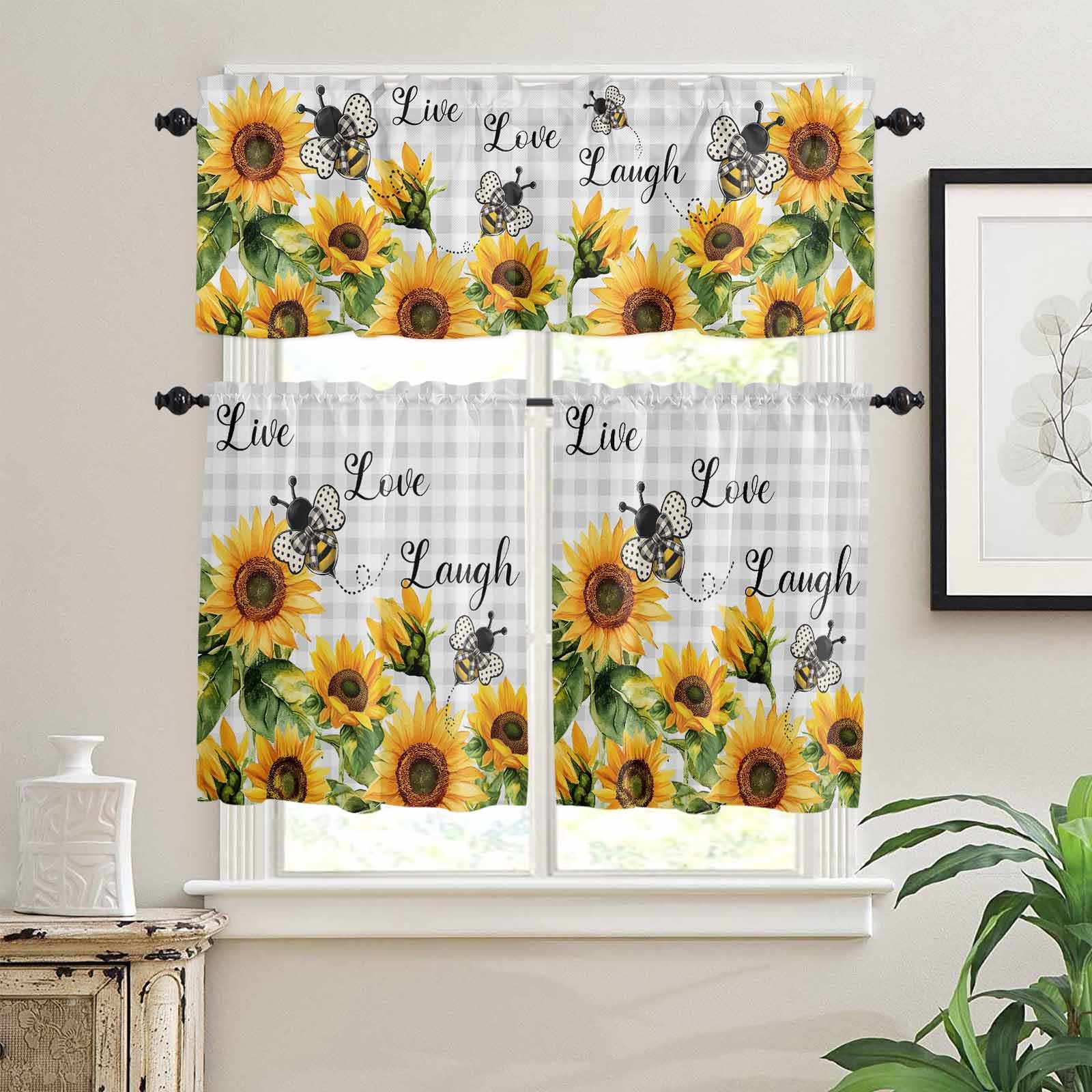 Sunflower Bee Kitchen Curtains 24 Inch Length,3 Piece Rod Pocket Small Half Tiers and Valance Set,Grey Buffalo Checkered Botanical Floral Small Large Window Treatment Decor for Bedroom/Bathroom Sink