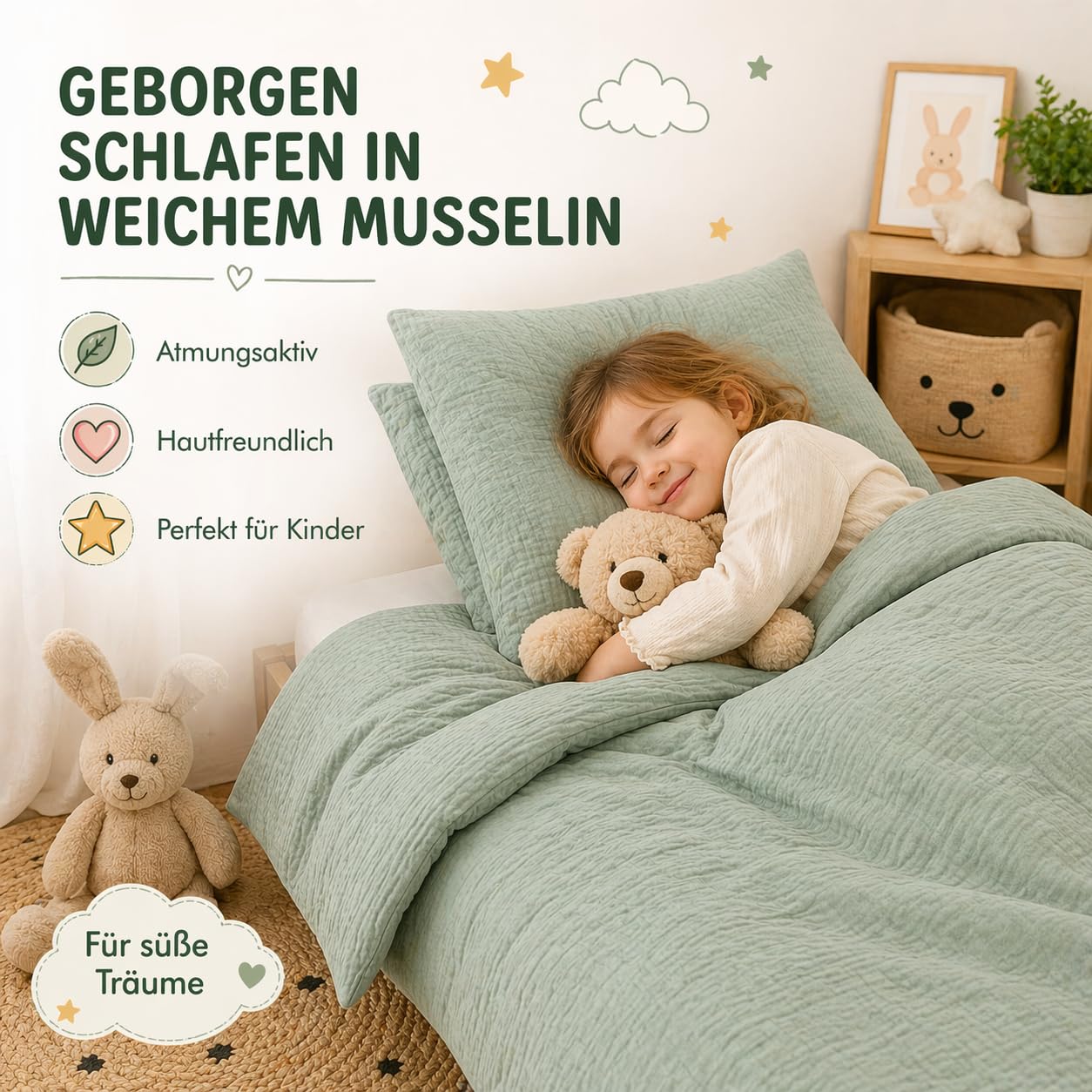 BaSaTex Juego de ropa de cama de muselina, 100 x 135 cm, 100 % algodón, certificado Oeko-Tex, para cunas y cunas, ropa de cama de bebé con cremallera rosa suave