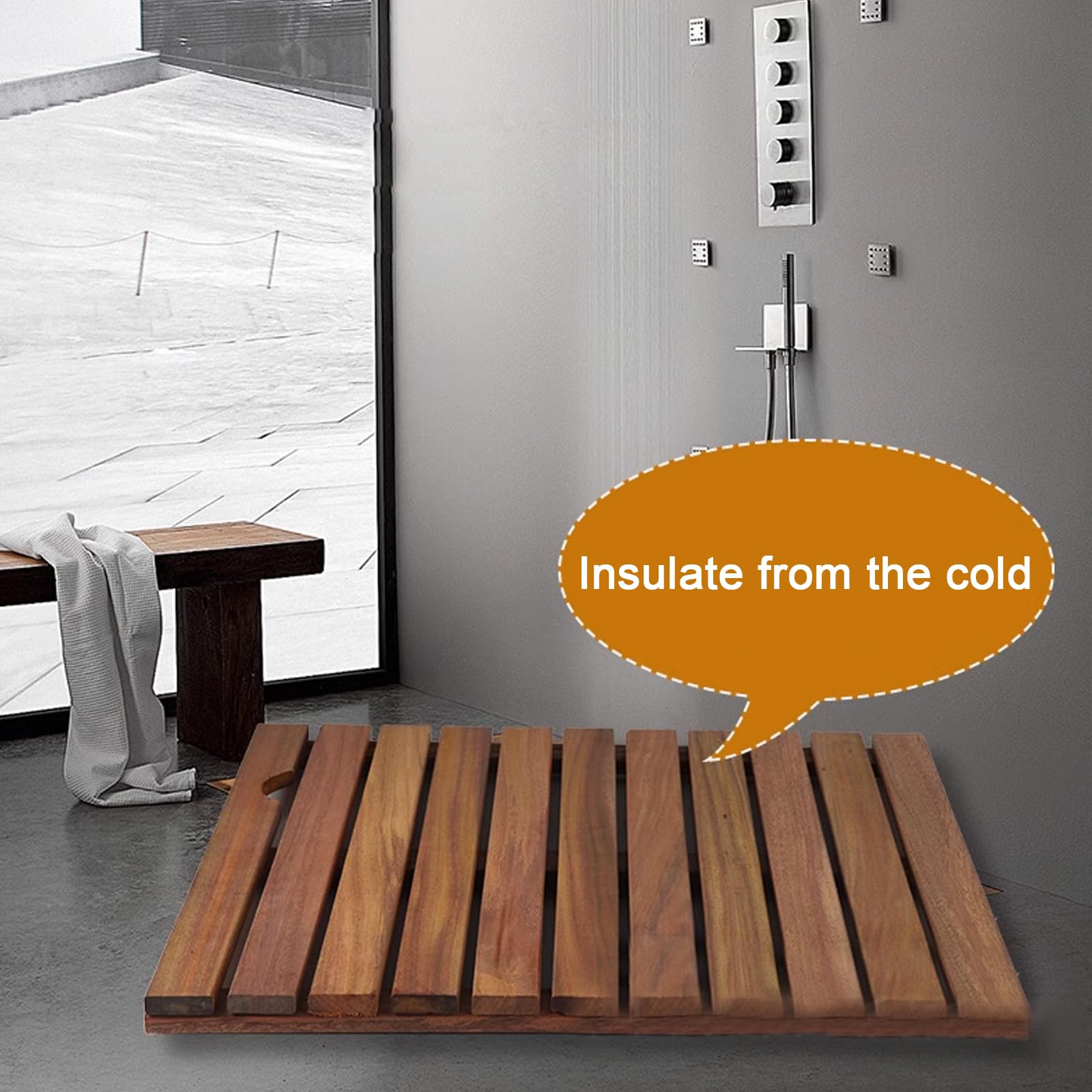 Schnell Trocknende Bambus Badematte,Rutschfeste Rechteckige Spa Holz Badvorleger Badematte,Wasserdichte Duschmatte,Robuste Holzbodenmatte,mit Matte und Griff,für Drinnen Draußen (45x45cm/18x18in)