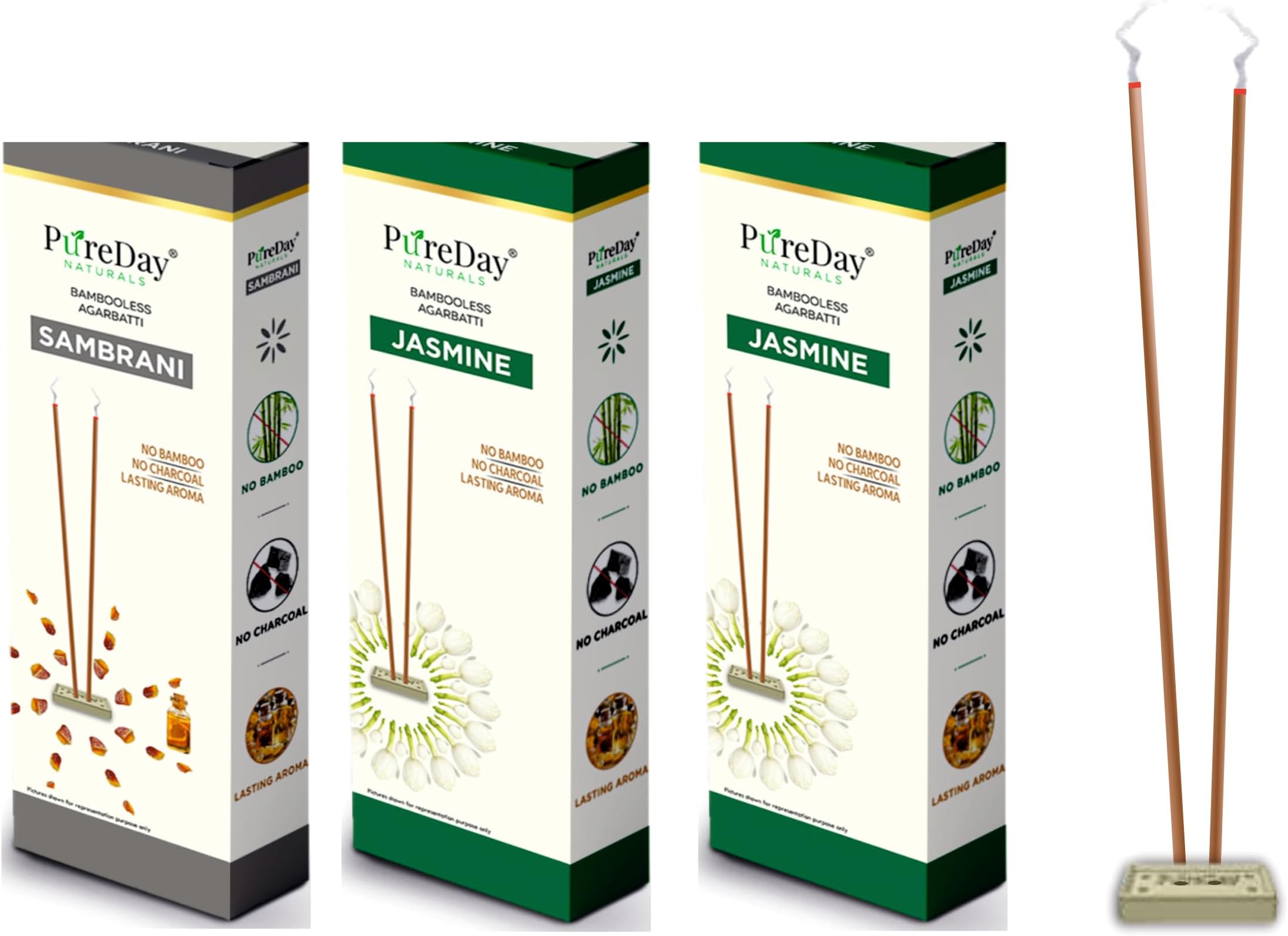 PureDay Bambooless Agarbatti | 200 Dhoop Sticks | Pack of 3 | Jasmine - 160 Sticks & Sambrani - 40 Sticks | No Bamboo, No Charcoal, Lasting Aroma | Free Ceramic Stand