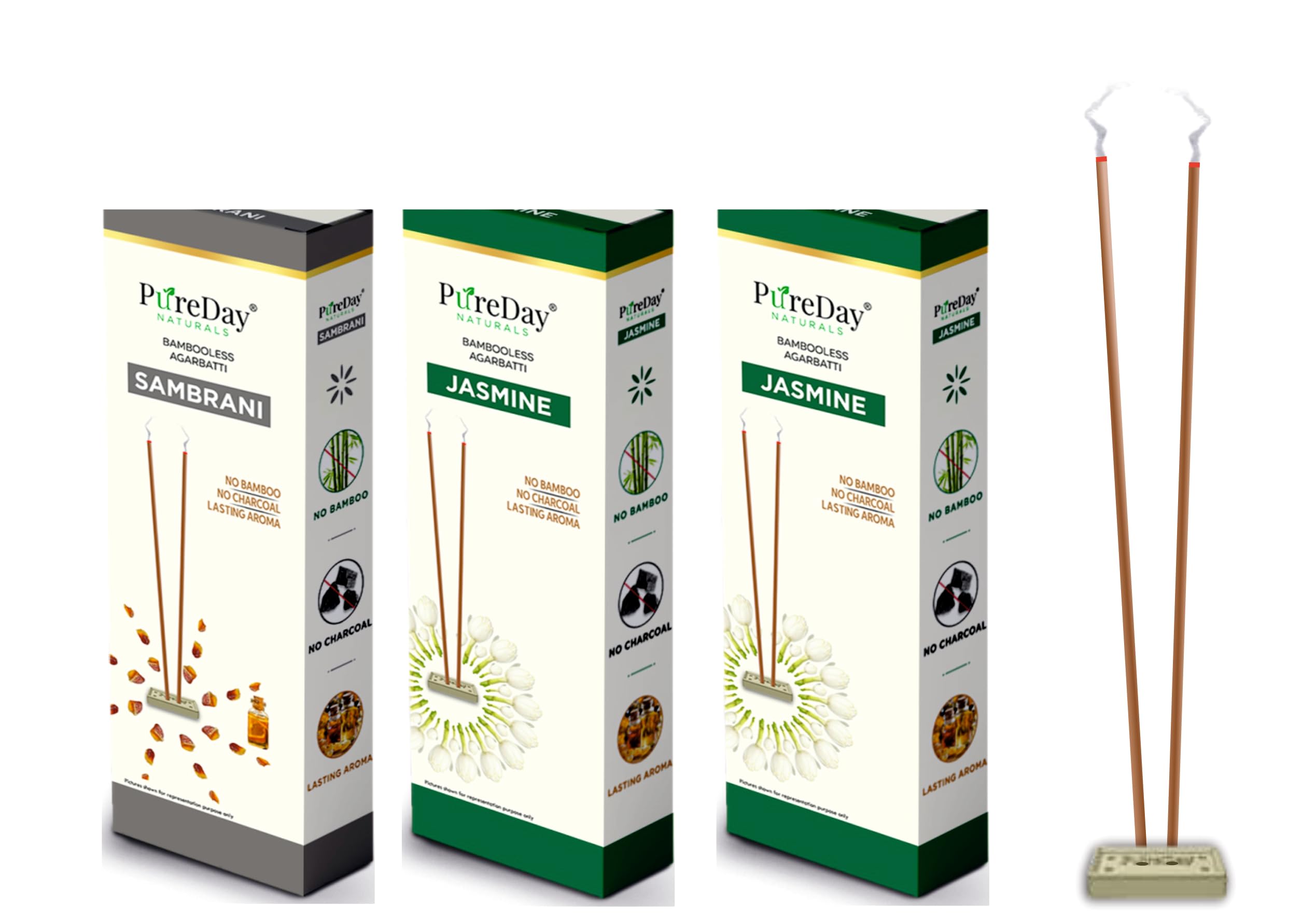 PureDay Bambooless Agarbatti | 200 Dhoop Sticks | Pack of 3 | Jasmine - 160 Sticks & Sambrani - 40 Sticks | No Bamboo, No Charcoal, Lasting Aroma | Free Ceramic Stand