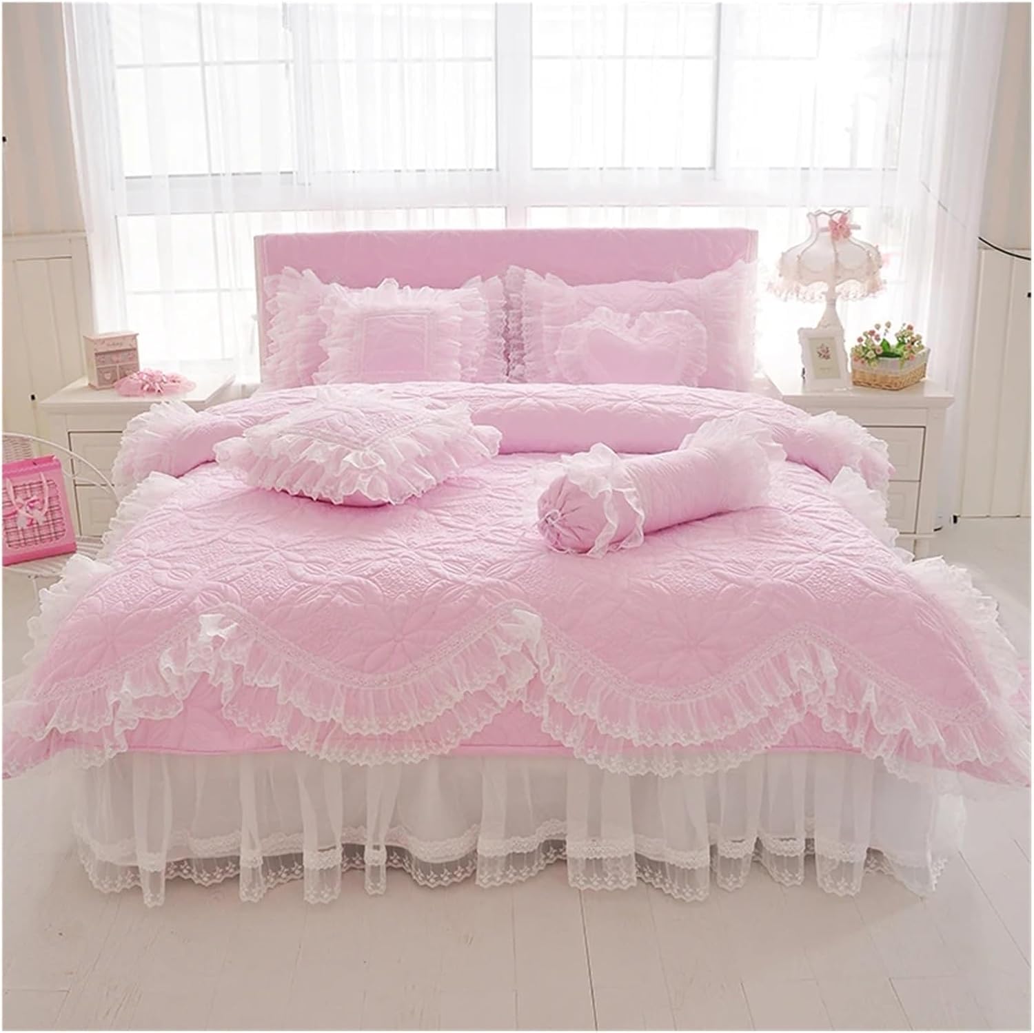 100 Cotton Thick Quilted Lace White Bedding Set Princess King Queen Twin Size Bed Set Ruffle Bed Skirt