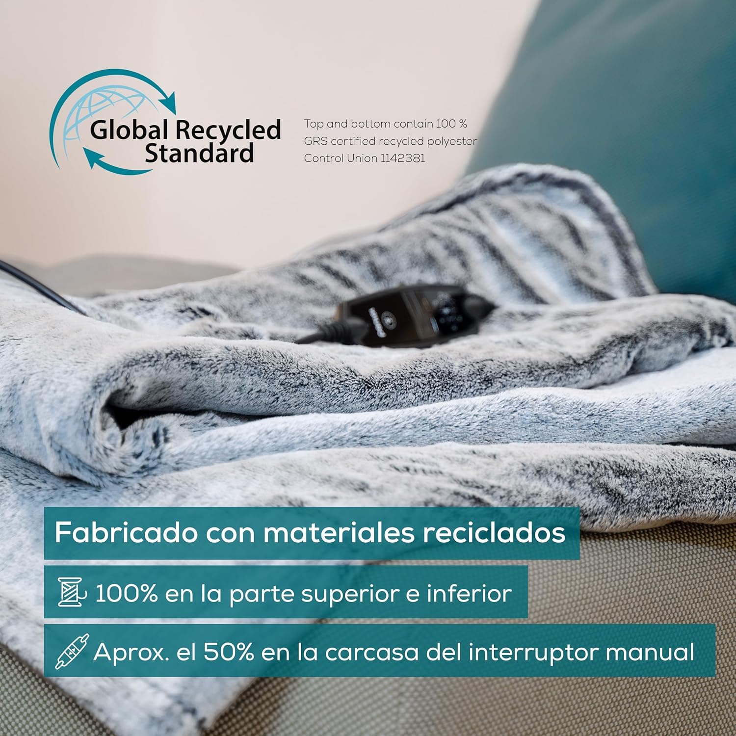 Beurer HD 75 Nordic Grey Manta eléctrica, Parte Superior/Inferior de Material Reciclado, Suave y acogedora, 6 ajustes de Temperatura, Lavable a máquina, 180 x 130 cm
