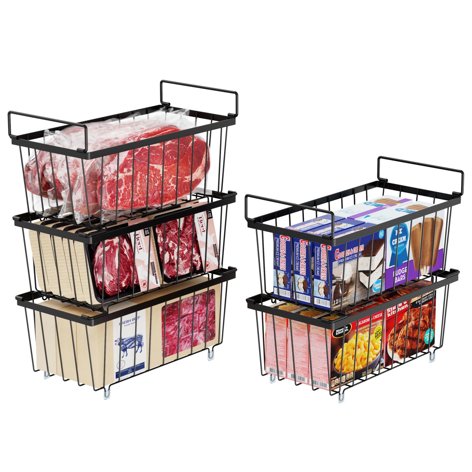 iSPECLE Chest Freezer Baskets - 5 Pack Stackable Organiser for 198L Deep Freezer, Easy Sort and Get Food with Handles, Add Space and Allow Air Circulation for Better Freshness, Black