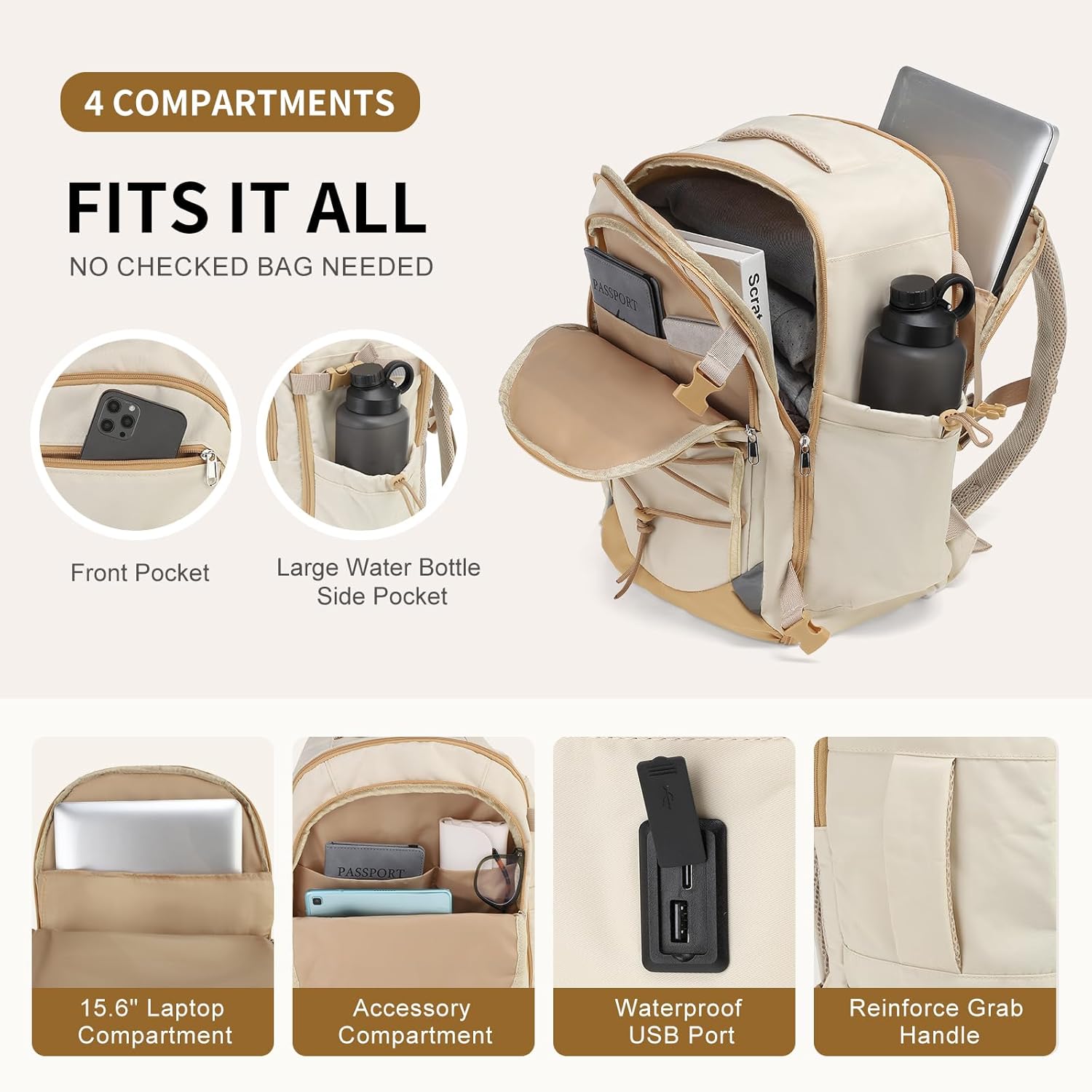 Carry on Travel Backpack, Flight Approved Personal Item Bag for Men Women, Door Lock, USB A/C Port, Shoe Bag, Fits 16" Laptop, Beige image 4 of 7 B0FCS6G9GZ