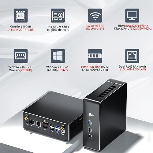 Miniatura 3 de Mini PC i9, computadora de escritorio con Core i9-12900H, 14 núcleos hasta 5.0 GHz, Windows 11 Pro, 64G DDR4, 1T M.2 PCIE4.0 SSD, DP/HDMI/USB-C