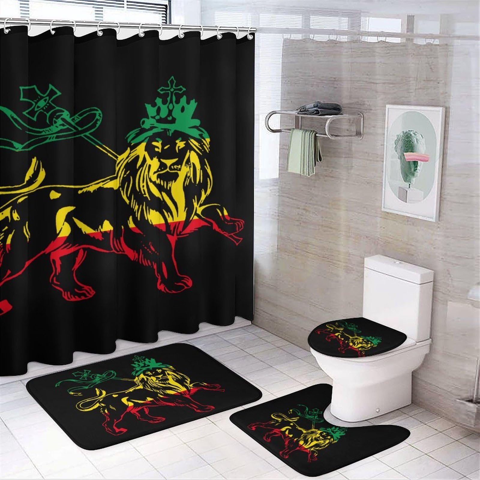 CGSBNGHA Rasta Lion Judah Ethiopia Flag Shower Curtain Set 4 Piece Bathroom Sets with Rugs Toilet Lid Cover And U-Shaped Floor Mat