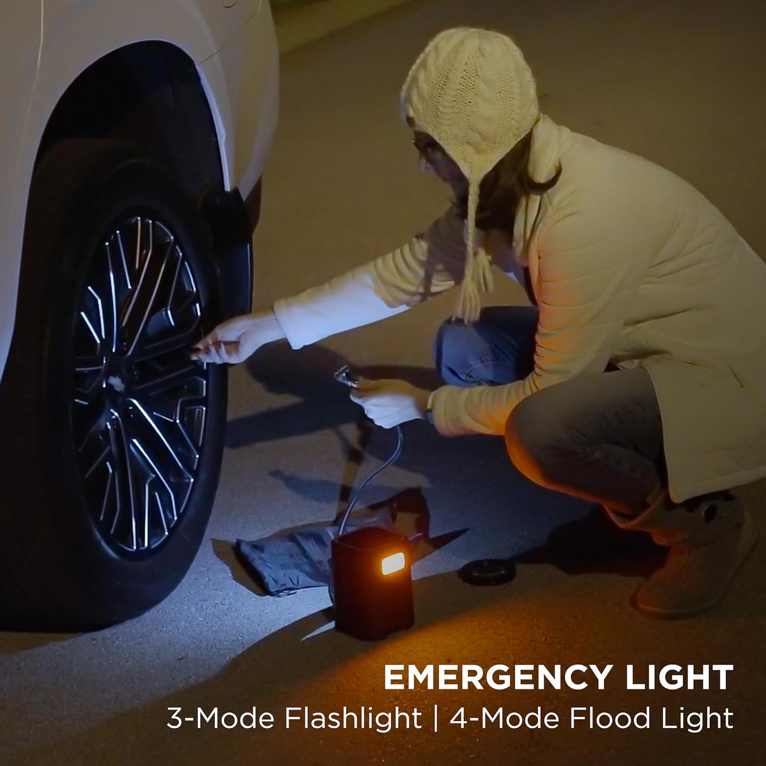 NeverGoFlat 150 PSI Air Compressor and All-in-One Emergency Tool with Emergency Lighting and 4,000mAh Power Bank