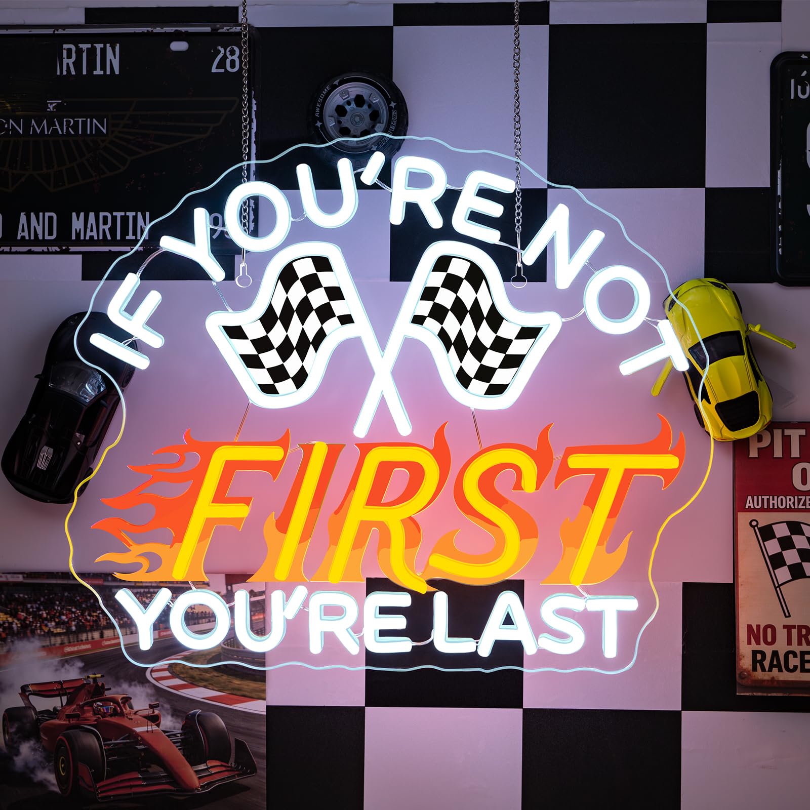 If You're Not First You're Last Neon Sign Vintage Neon Signs for Wall Decor LED Intage Racing Gifts for Father Day Sign Car Light Up Man Cave Decor LED Bar Inspirational Wall Art in Birthday Party
