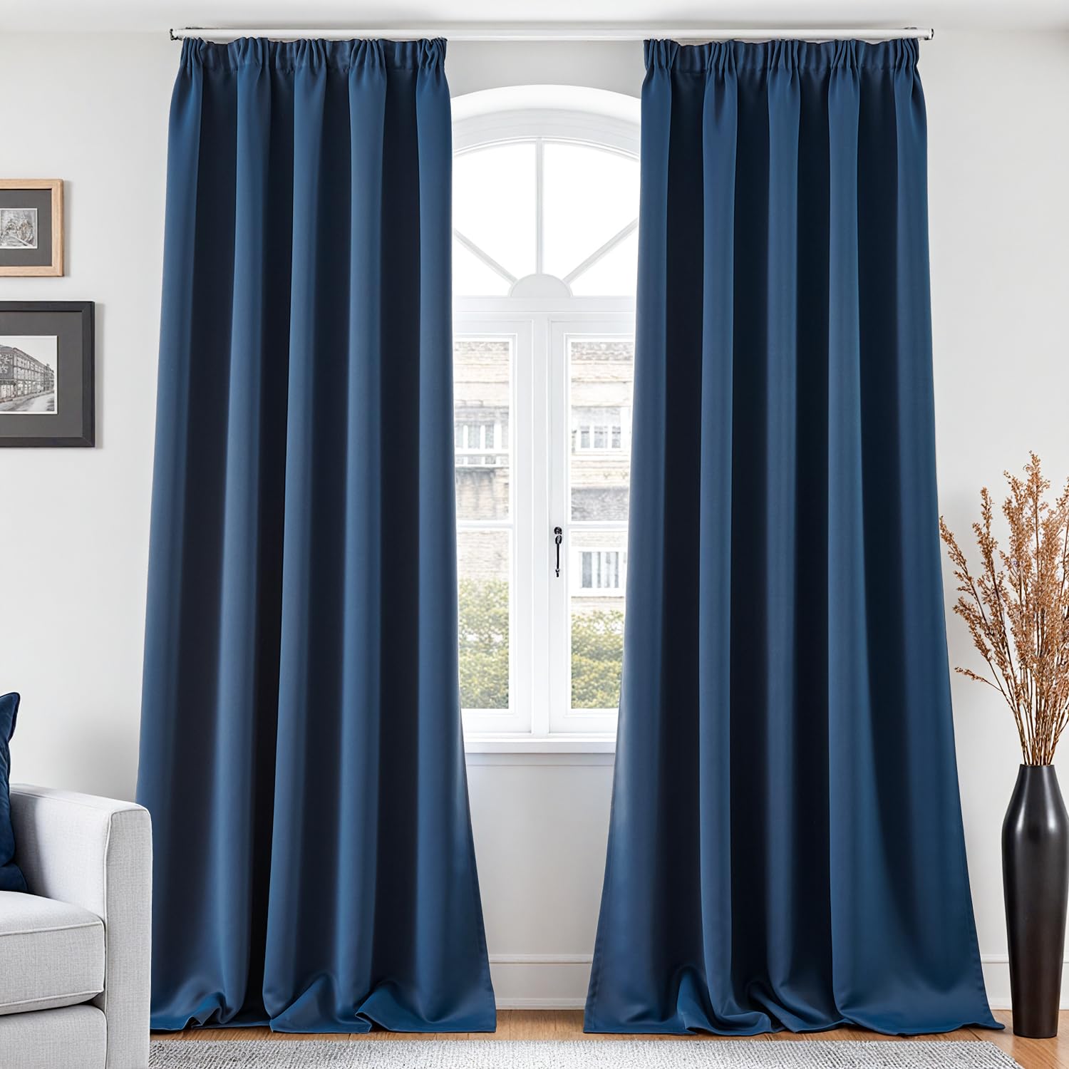Vangao Gardinen mit Kräuselband Vorhang Blickdicht Dunkelblau H260 x B140cm 2er Set Vorhänge Wohnzimmer Modern Thermo Gardinen Schienensystem Blickdichte für Schlafzimmer Kinderzimmer Fenster