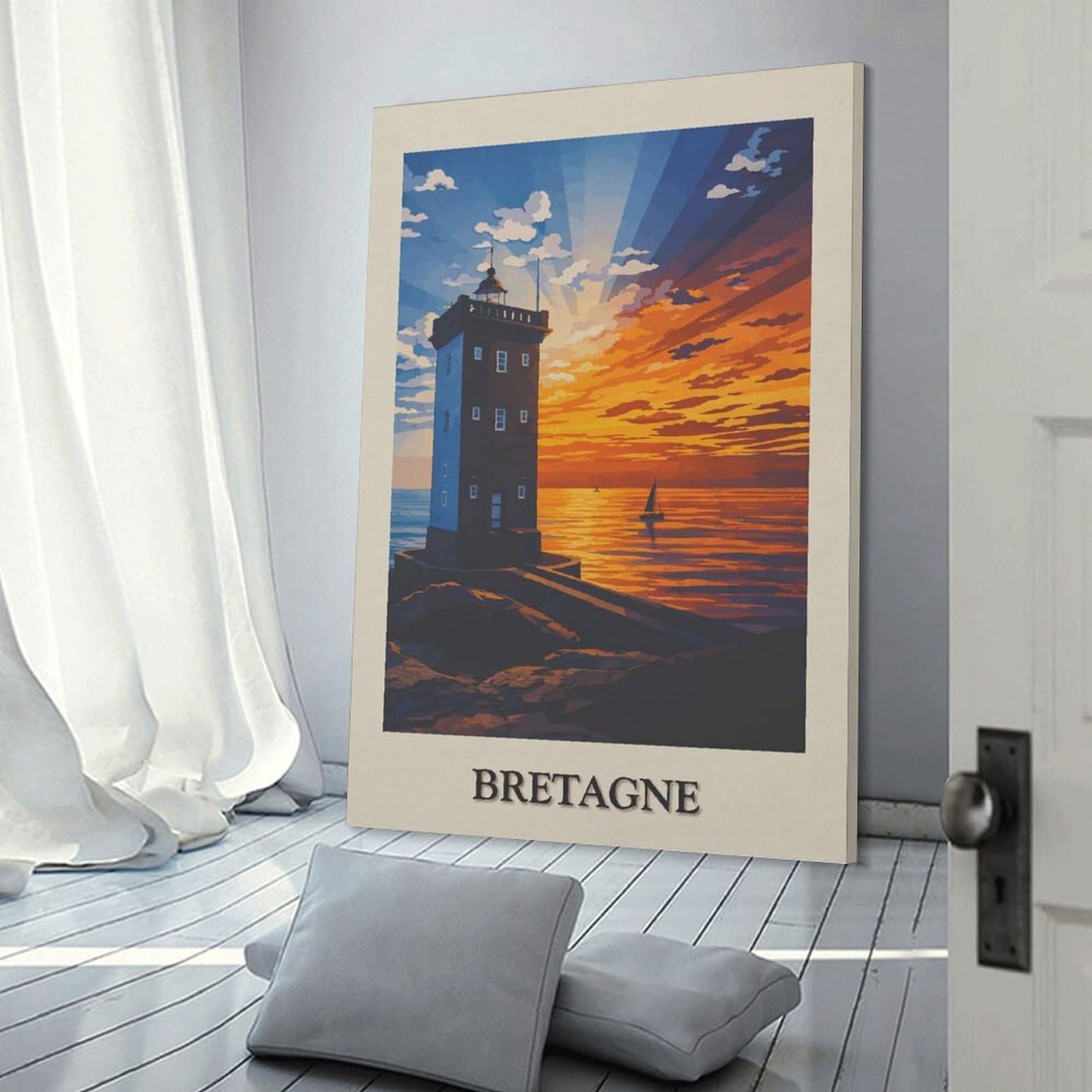 Junmoney Room Decor Wall Art Bretagne Lighthouse Sunset, 20x30inch(50x75cm), for Entrance Spaces, Stair Walls Or Halls, Home Artwork for First Impressions