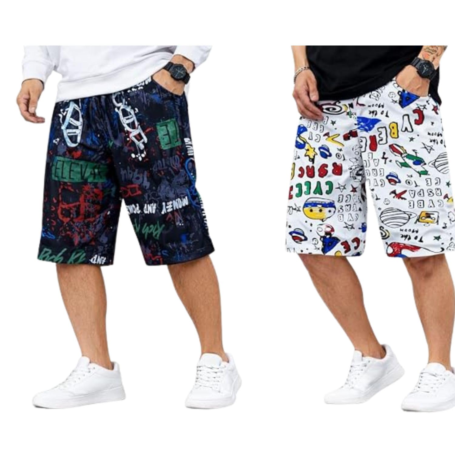 flyxo Men's Printed Cotton Casual Shorts Combo Pack of 2 Black & White Graphic Shorts Regular Fit Knee Length Shorts with Elastic Waist & Drawstring for Daily Use-picture-13