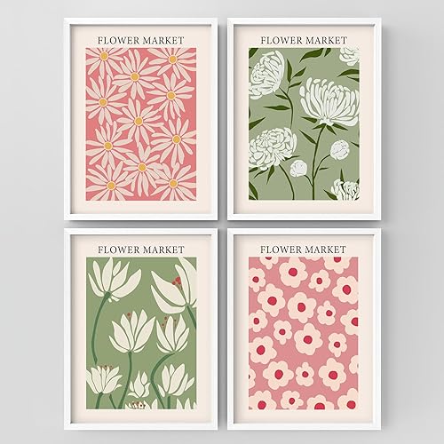 SIGNLEADER Juego de collage de arte enmarcado para pared, pósteres florales vintage en colores pastel suaves, ilustraciones botánicas retro,