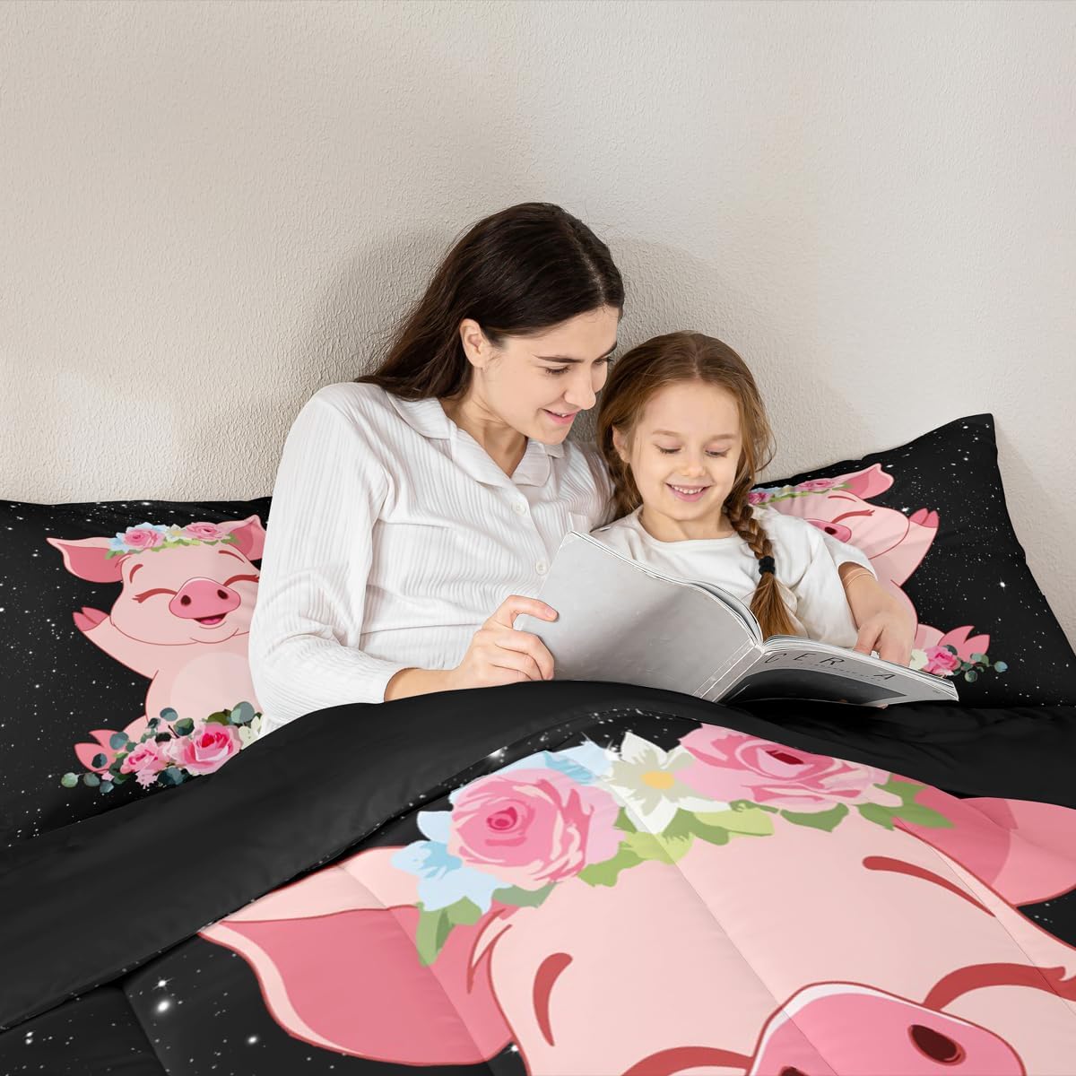 Erosebridal Pink Pig Comforter Set for Girls Kawaii Room Decor Queen, Rose Floral Leaf Duvet Insert for Kids Boys Children Cute Farm Animal Quilt Cartoom Style Soft Lightweight Bedding Set 3 Pieces