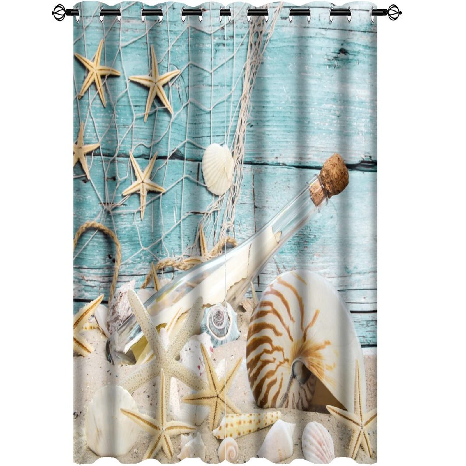 Kazynee Vintage Nautical Beach Theme Room Darkening Blackout Window Curtains with Grommets,Abstract Ocean Beach Fishing Net Starfish Theme Energy