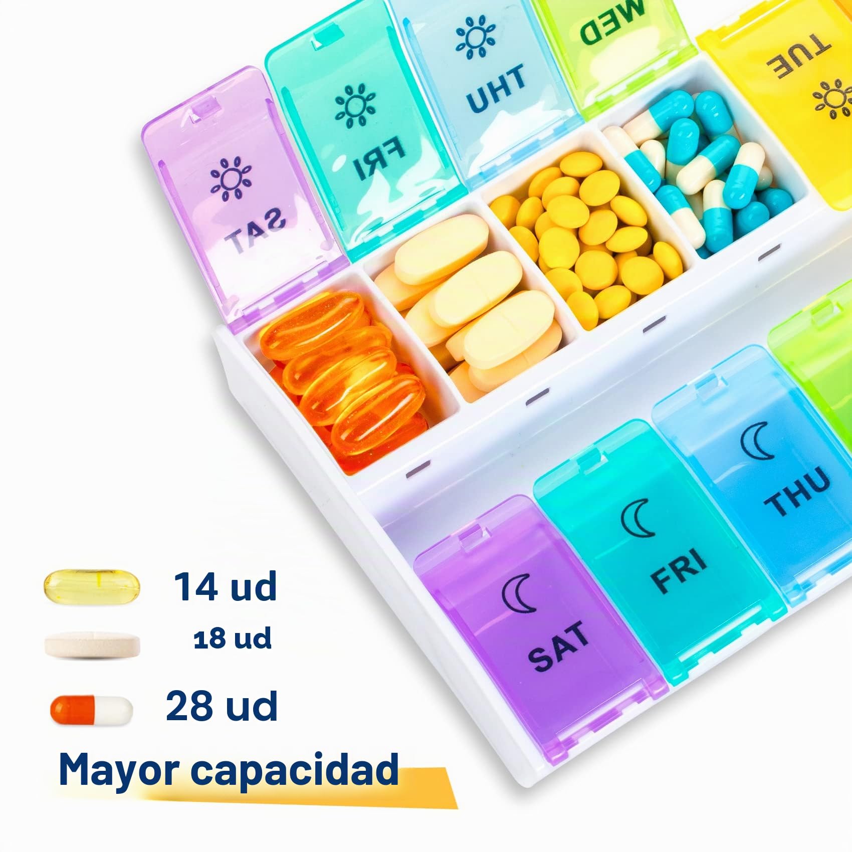 Mossime Organizador de píldoras grande XL 2 veces al día, pastillero semanal con tapas con bisagras, estuche de píldoras de vitaminas para medicamentos de 7 días, contenedor diario de píldoras