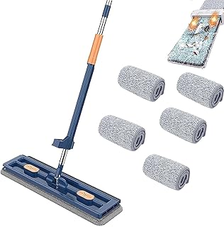 Large Flat Mop, New Upgrade Style Large Flat Mop for Wet and Dry Use,360 Rotating Dust Mop with Dewatering Scraper, with 6 Scraper (Color : Blue)