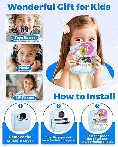 Miniatura 6 de Cámara de impresión instantánea para niños, regalos de cumpleaños de Navidad para niños de 3 a 8 años, cámara para niños de 48 MP y 1080P con papel