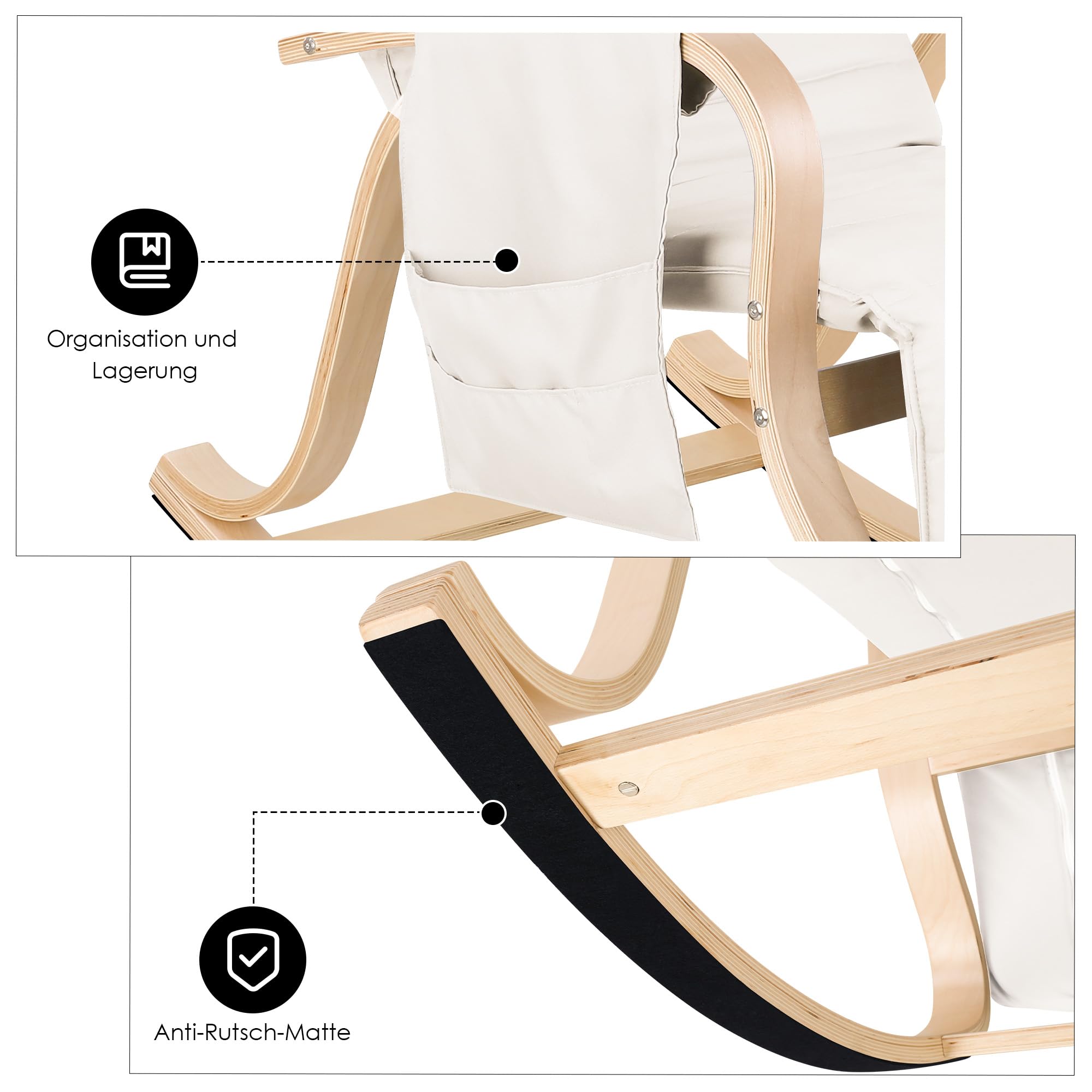 FirFurd Sedia a Dondolo in Legno di Betulla, Poltrona Dondolo Con Seduta Ergonomica In Tessuto Imbottito,Poltrona a Dondolo Regolabile a 5 Altezze, Portata 150 kg,per Salotto,Camera da letto (Bianco)