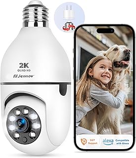 Jennov 2K 3MP Light Bulb Security Camera, 2.4 GHz WiFi Indoor Outdoor Camera for Baby/Elder/Pet, Light Socket Camera with 360° View, Color Night Vision, Siren, Auto Tracking, Compatible with Alexa