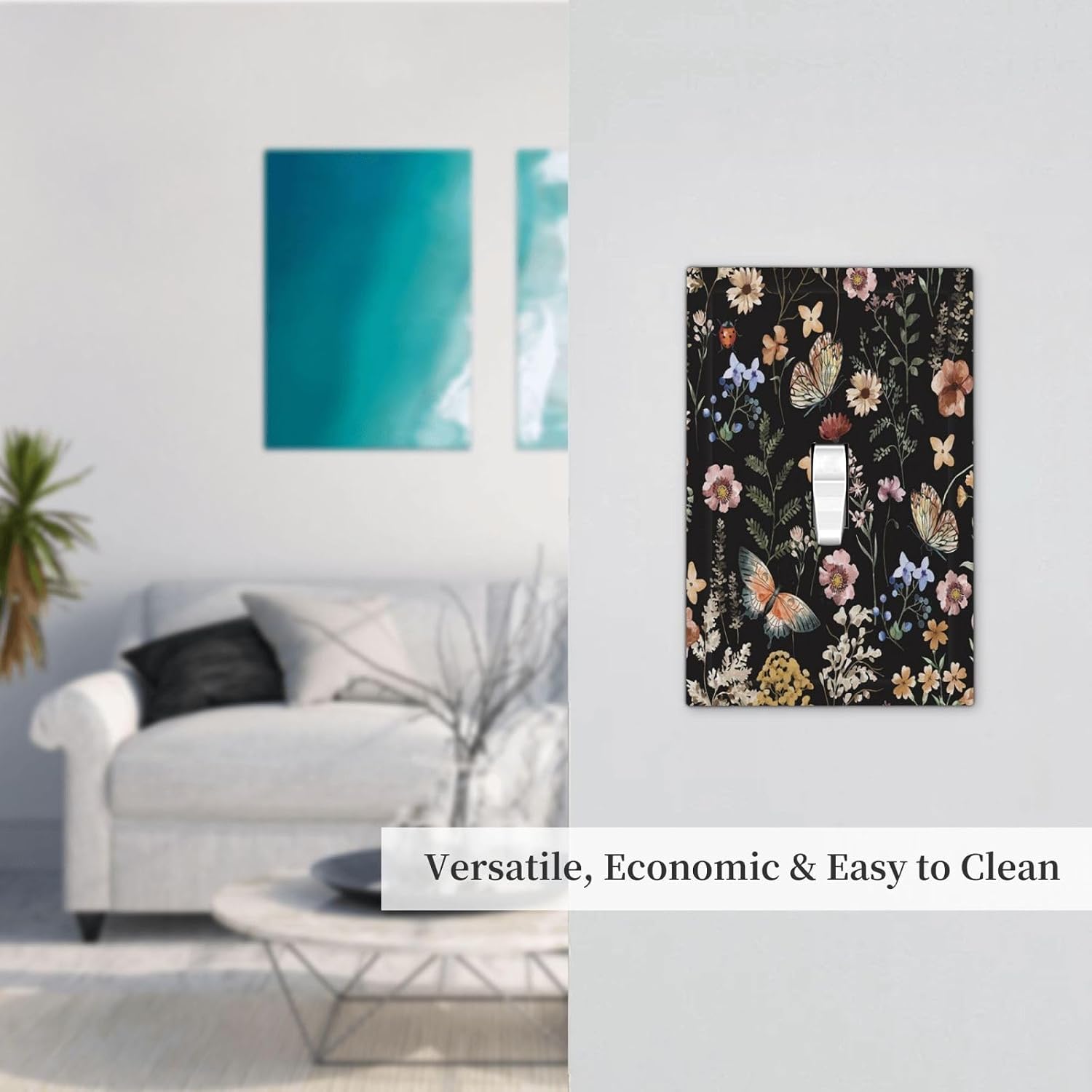 Boho Butterfly Floral 1 Gang Light Switch Cover Decor Single Toggle Wall Plate Bright Abstract Bohemian Plant Flower Botanical Moth Decorate Bedroom Black Modern Aesthetic Chic Electrical Switchplate