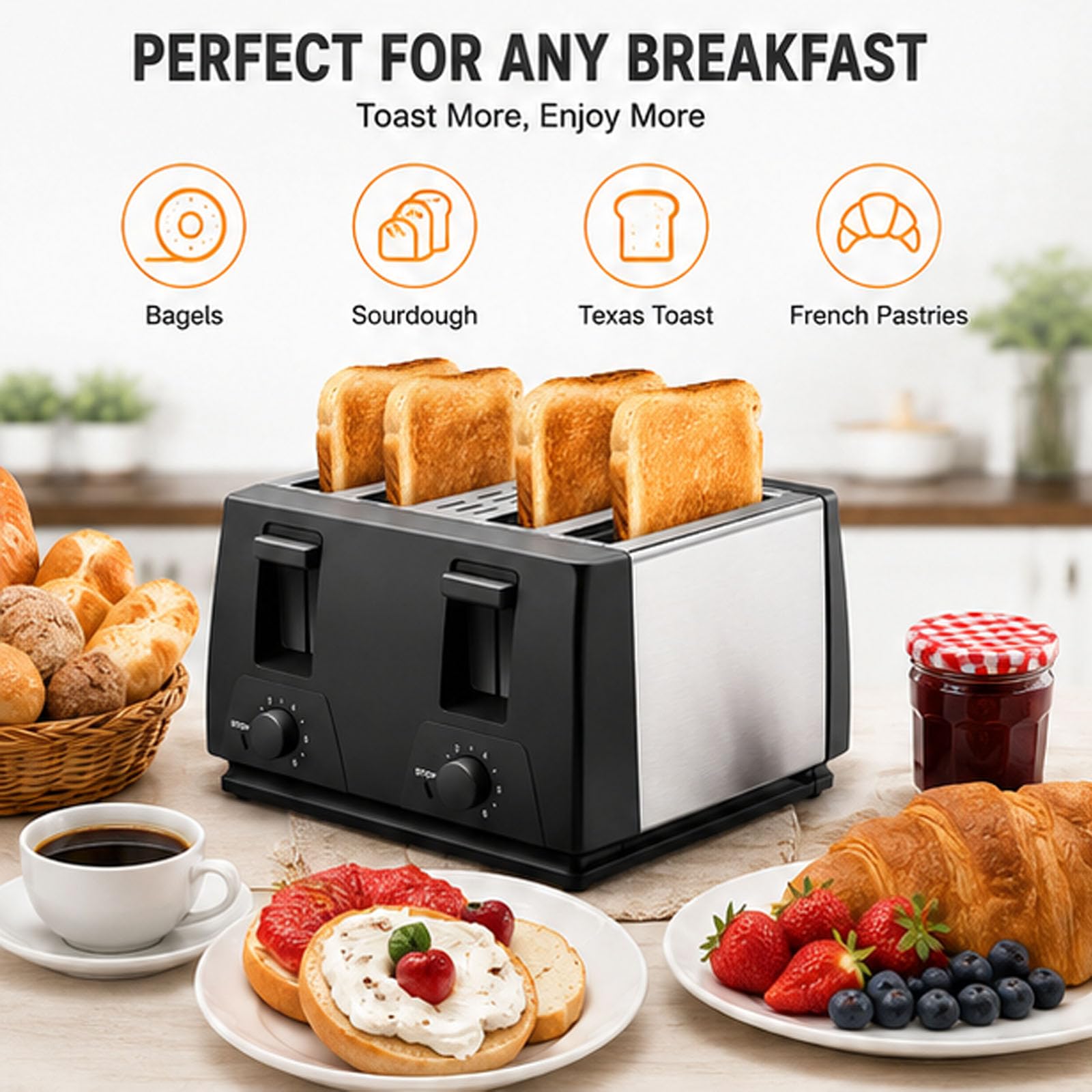 4 slot tostapane con 7 ° impostazioni di marronamento, 35mm slot extra larghe, funzioni di annullamento e riscaldamento, vassoio di briciola rimovibile, acciaio inossidabile, per Bagels French Toast