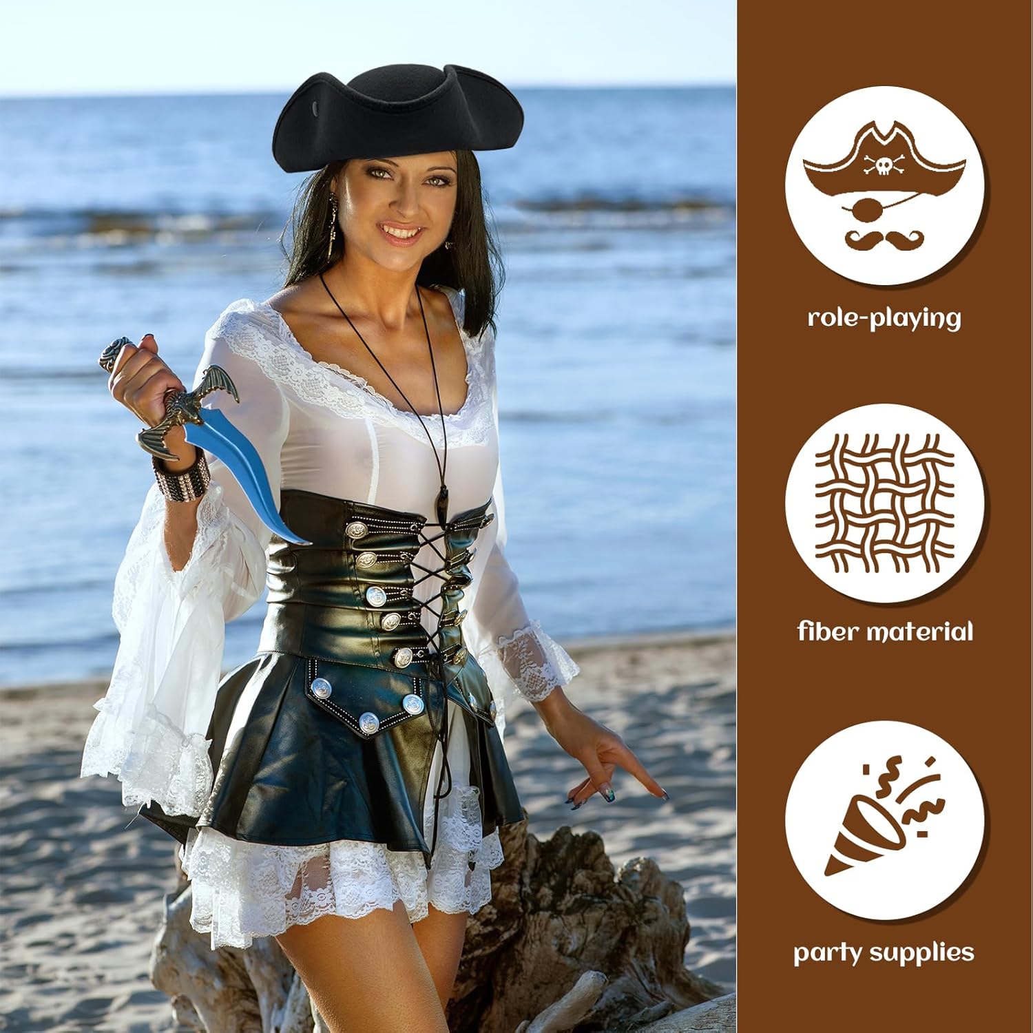 Pirate Hat for Men Women,Pirate Costume Accessories Hat,Colonial Triangle Hat for Halloween,Dress Up Party - Image 5