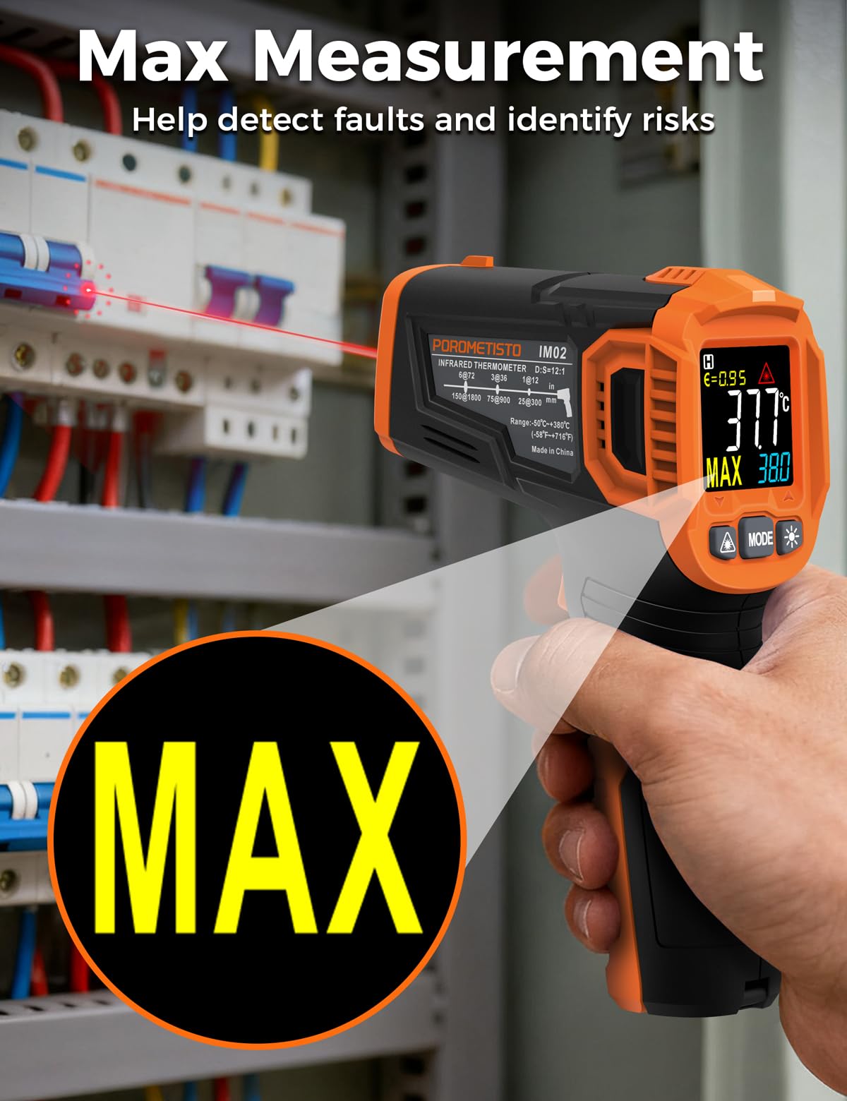 Thermomètre Infrarouge IM02 POROMETISTO, avec Fonction MAX, -50°C à 380°C | Touchless Thermometer, Alarme Haute et Basse Température et Écran LCD Rétroéclairé, pour la Cuisine, le CVC , l'Automobile