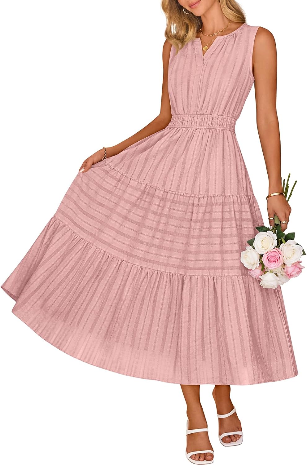 MEROKEETY Spring Summer Midi Dresses for Women 2026 Casual Beach Vacation Sleeveless Boho V Neck Cotton Maxi Dress Pockets - Image 2