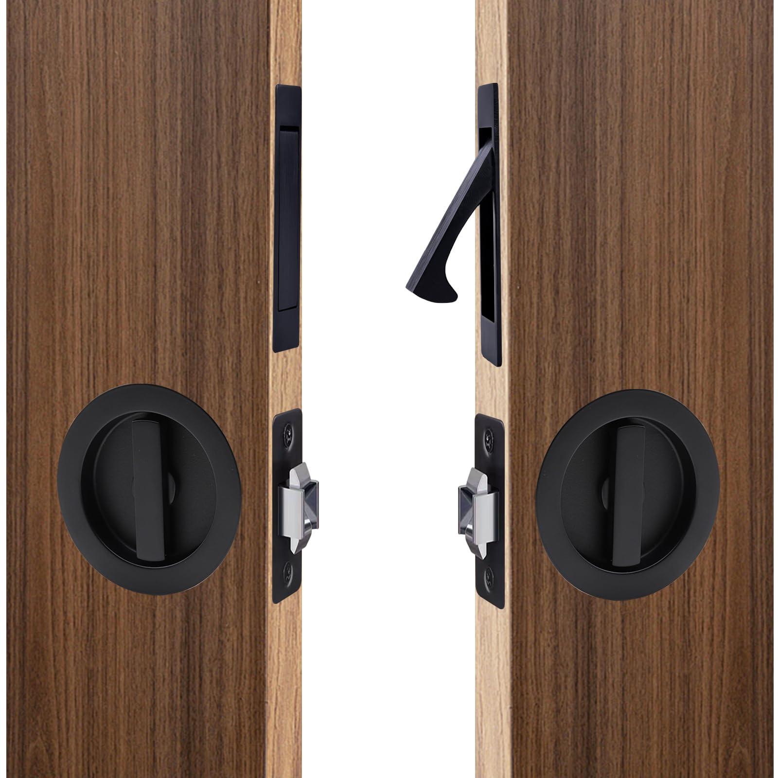 Dontay Pocket Door Passage Lock and Edge Pull, Non-Locking, Flush Mount, Low Profile Hidden Hardware, Flat Knob Handle for 1-3/8" to 2-3/16" Doors (2, Matte Black)