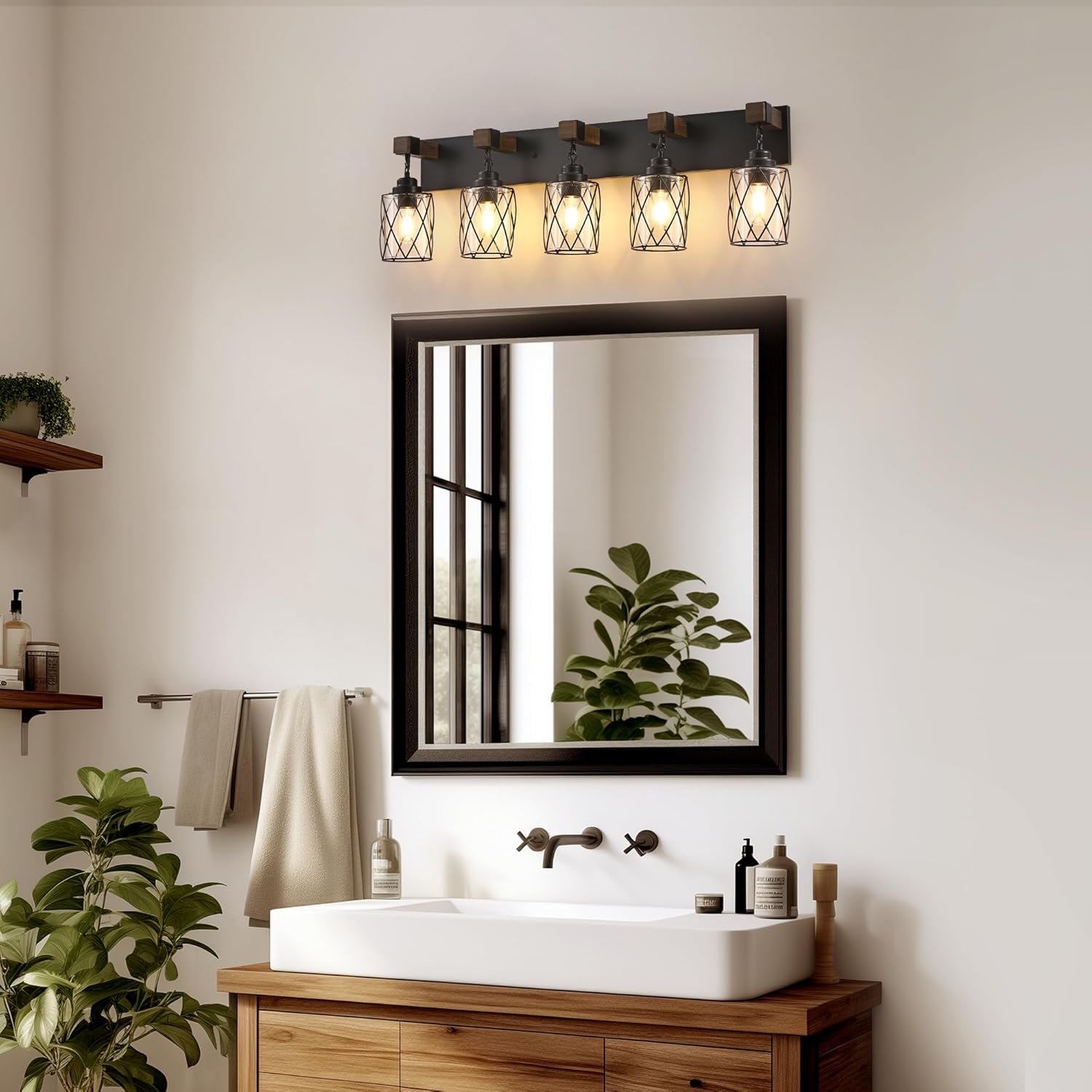 Farmhouse Bathroom Light Fixtures, 5 Light Bathroom Vanity Light with Metal and Glass Lampshade, Wood Rustic Lighting Fixtures Over Mirror, Black Wall Sconces for Living Room, Bedroom