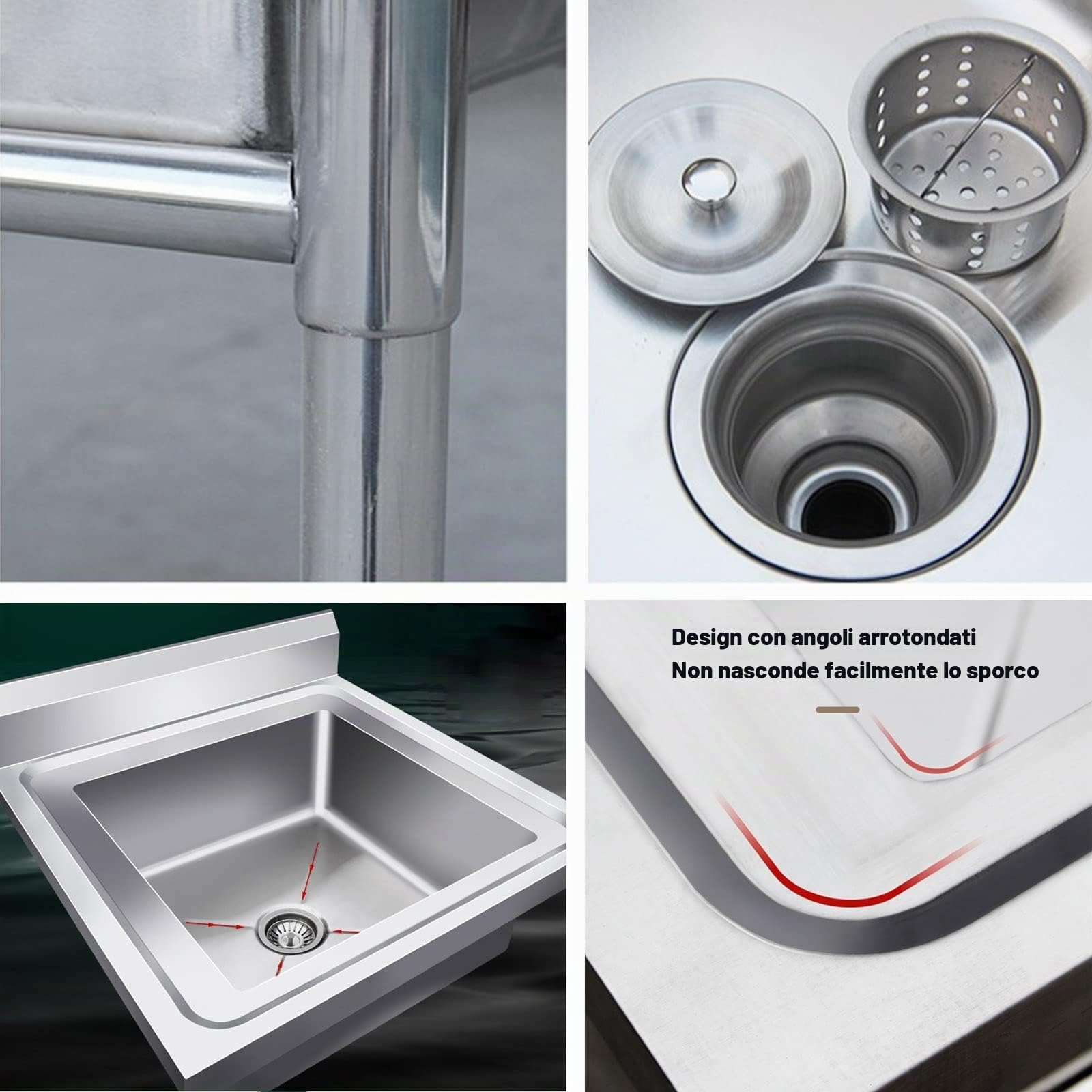 Lavello in Acciaio Inox Autoportante 1 Vasca, Lavandino Commerciale con Rubinetto Lavello da Cucina Professionale per Cucina, Ristorante, Bar, Caffè, Garage, Interno e Esterno,50×50×80 cm