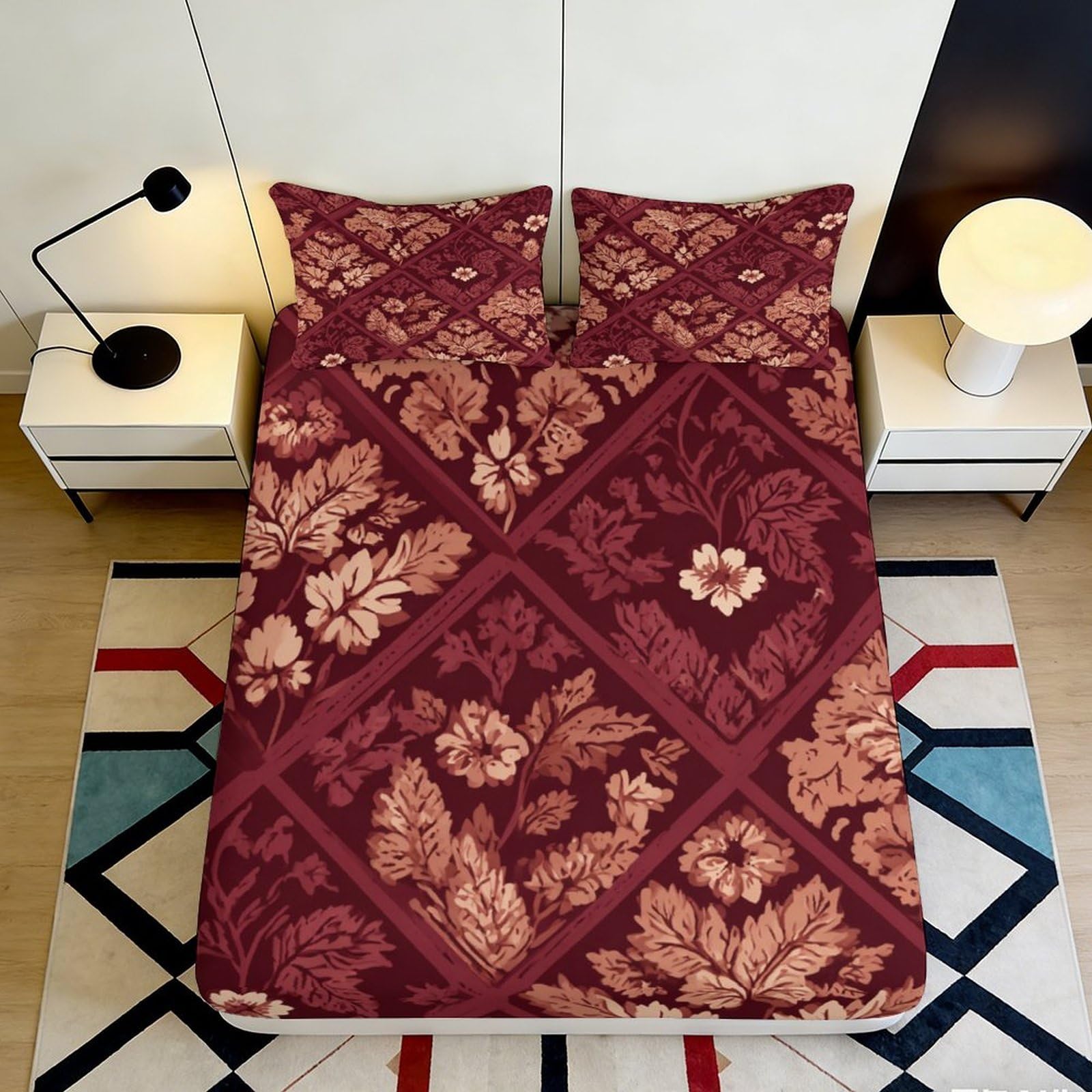 Ornamental Burgundy Floral Fitted Sheet, 3D Printed, Soft Touch Microfiber, Bed Cover for Bedroom or Guest Room, Wrinkle Resistant, Apartment Bedding, 119 chars 90x200x25cm
