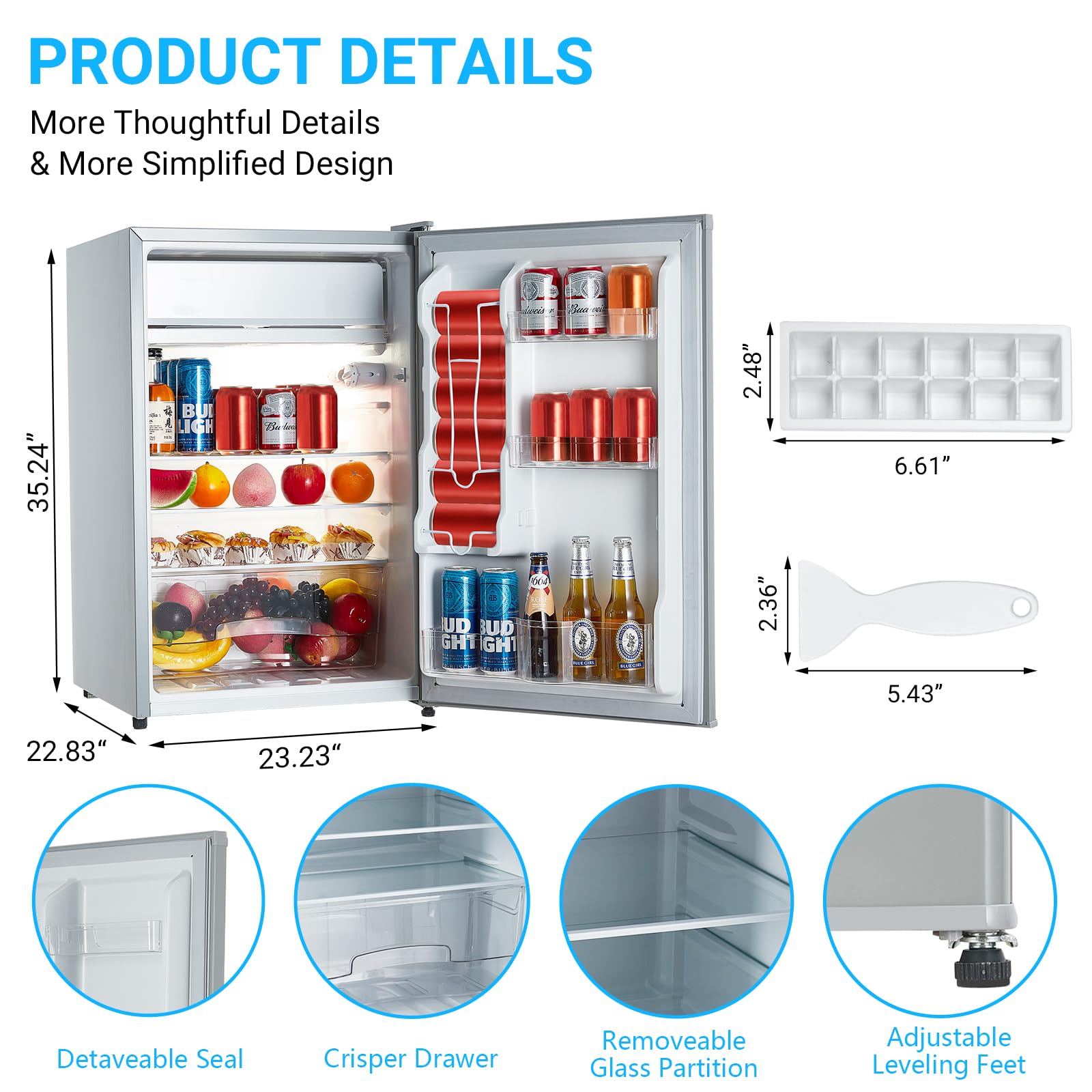 Aiiscoolla Portable Compact Fridge 4.3 Cu.Ft Mini Refrigerator with Freezer, 2 Slide Out Glass Shelves, Energy-Efficient Low Noise Single Door Fridge for Bedroom, Office, Dorm (Gray)