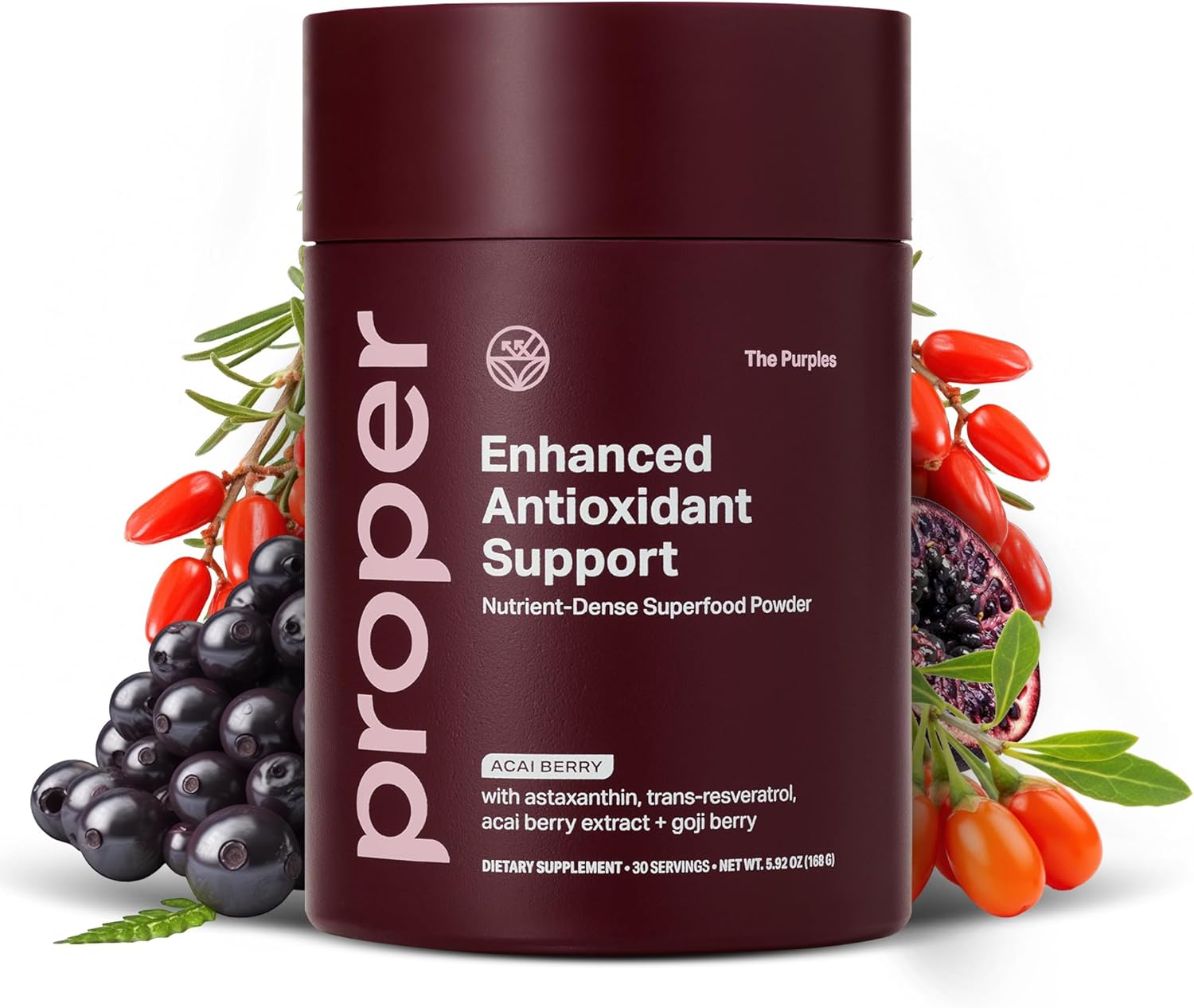 Proper, The Purples Nutrient-Dense Superfood Powder - Antioxidant Supplement and Cellular Support – Acai, Amla, Blueberry, Vitamin C, B Vitamins & More - Enhanced with Prebiotic Fiber & Probiotics