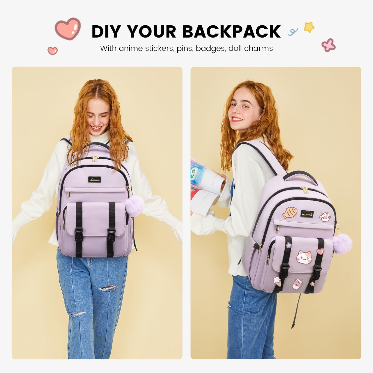 LOVEVOOK School Backpack for Teen Girls, Student Backpack Purse for 14-16 Teenage, Cute Kid Bookbag, Back to School Backpacks Fit 15.6 Inch Laptop, Large College Travel Bag, Light Purple - Image 6