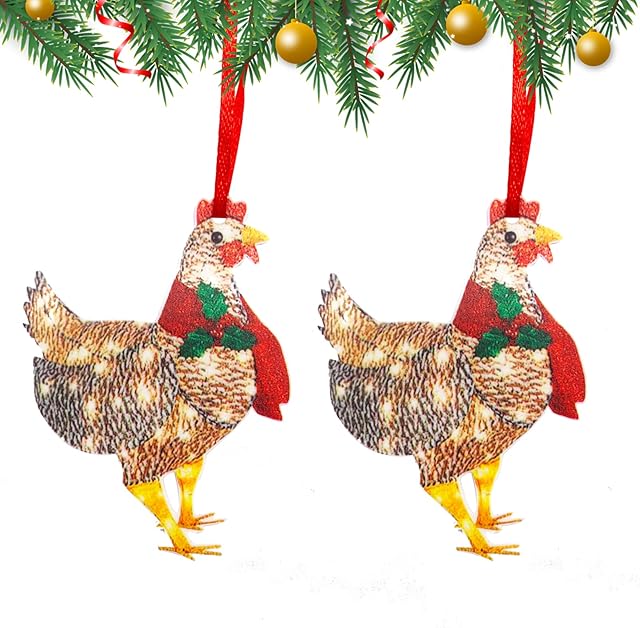 2pcs Christmas Decorations Chicken, Chicken with Scarf ,Rooster Animal Pendant Holiday Decoration,Garden Yard Ornaments Xmas Gifts Meanings Lucky Health Hope (NO LIGHT)