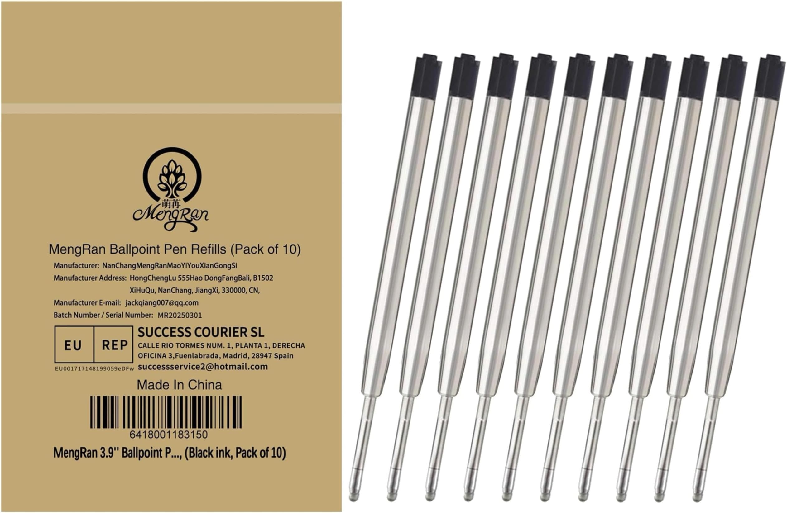 MengRan 3.9'' Ballpoint Pen Refills, 1.0 MM Medium Point, Metal Tactical Pen Refill, (Black ink, Pack of 10)