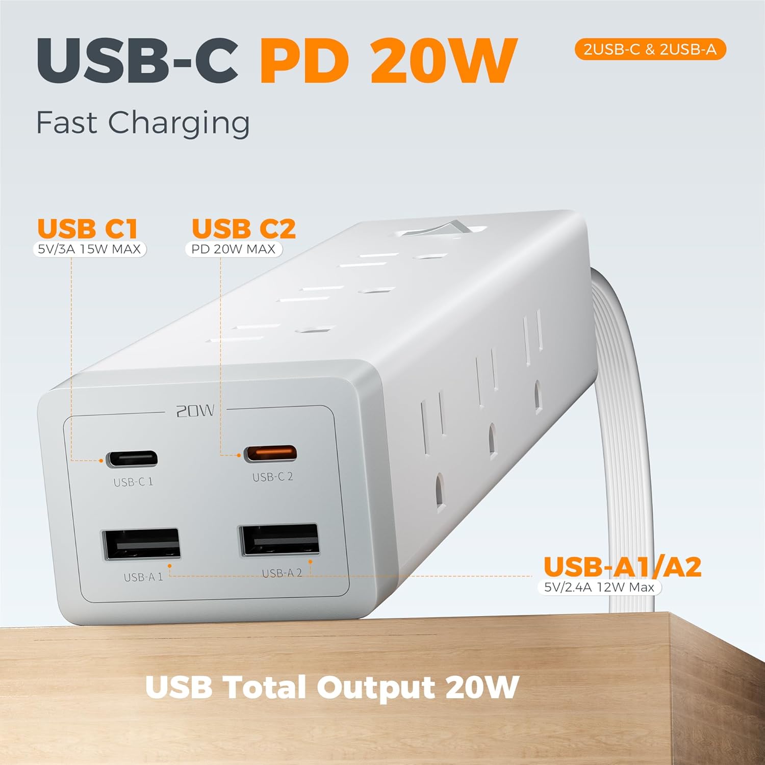 TESSAN Surge Protector Power Strip PD 20W, Ultra Thin Flat Plug 6 FT Extension Cord, 9 Outlets 4 USB(2 USB C), 1050J Protection Multiple Outlets Charging Station for Home, Office, College Dorm Room